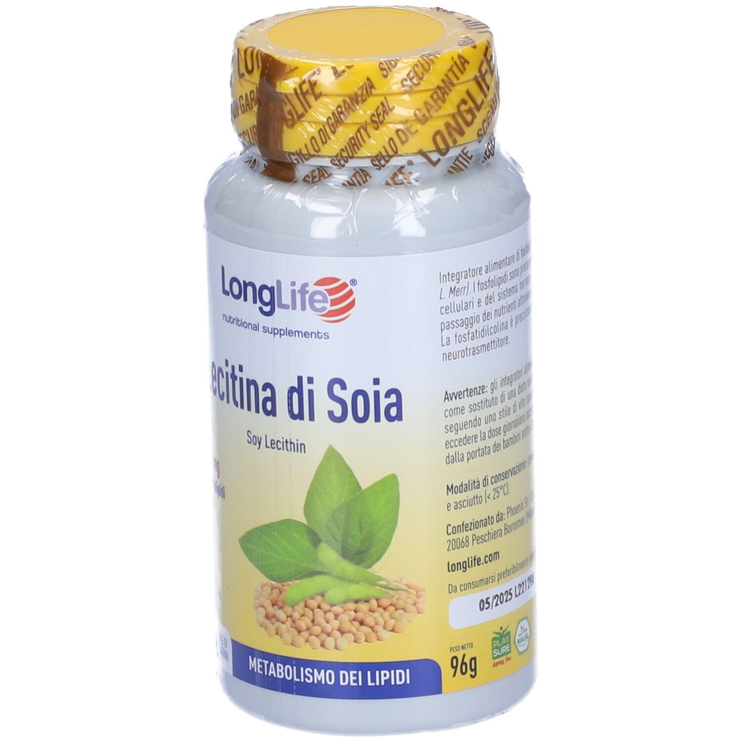 Flacon blanc avec bouchon jaune et sceau. Inscription : LongLife, Lecitina di Soia, 1200 mg. Illustration de graines et feuilles de soja. 96g.