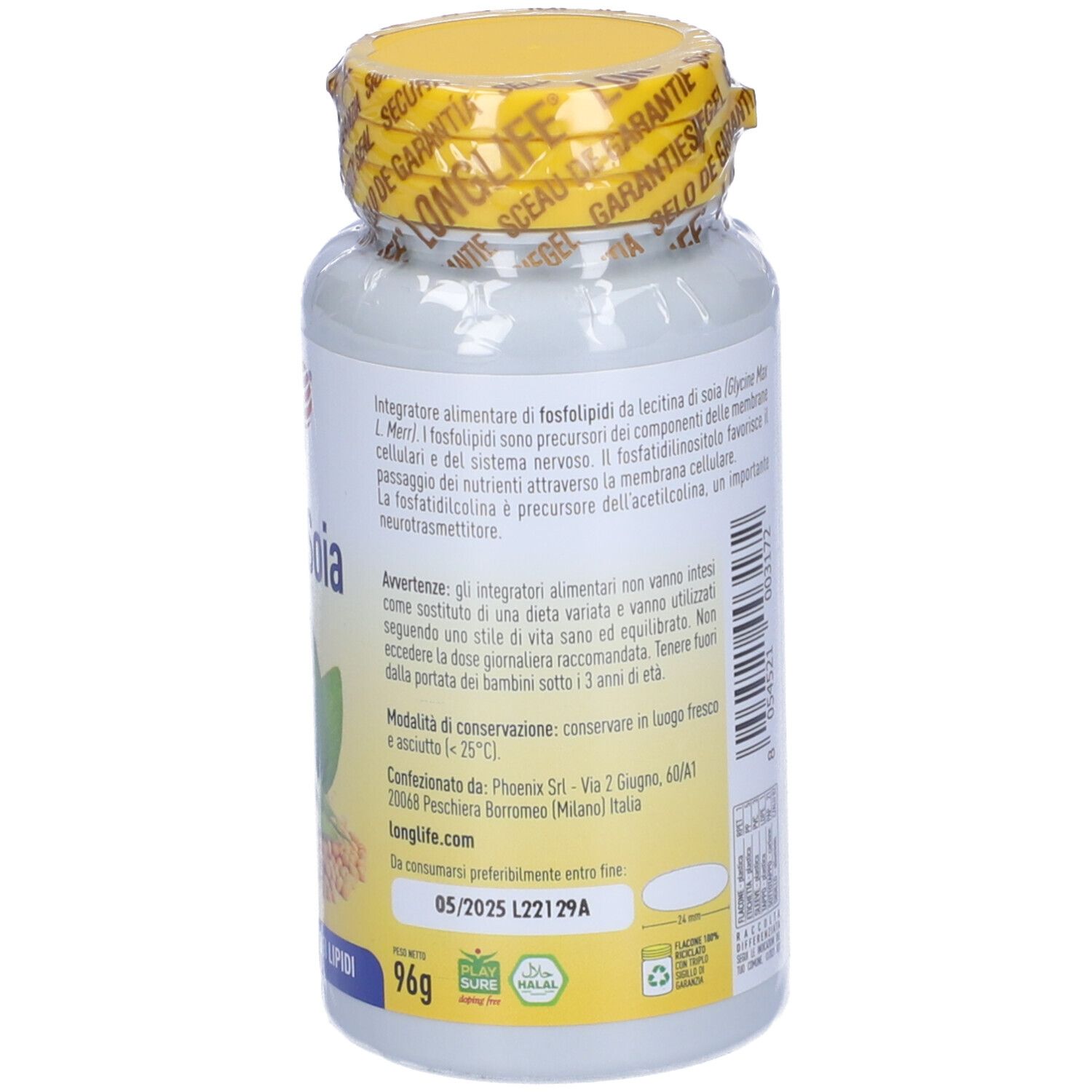 Dos du flacon. Inscription : Lecitina di Soia. Informations sur les ingrédients et la valeur nutritionnelle. Bouchon jaune. 96g. À consommer de préférence avant 05/2025.