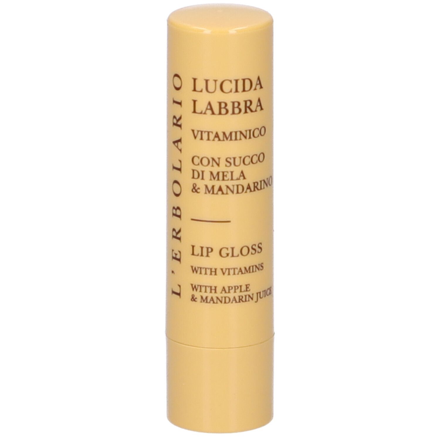Stick di lucidalabbra cilindrico. Astuccio giallo con testo del prodotto: Lucida Labbra Vitaminico, con succo di mela e mandarino. Marchio: L'Erbolario.