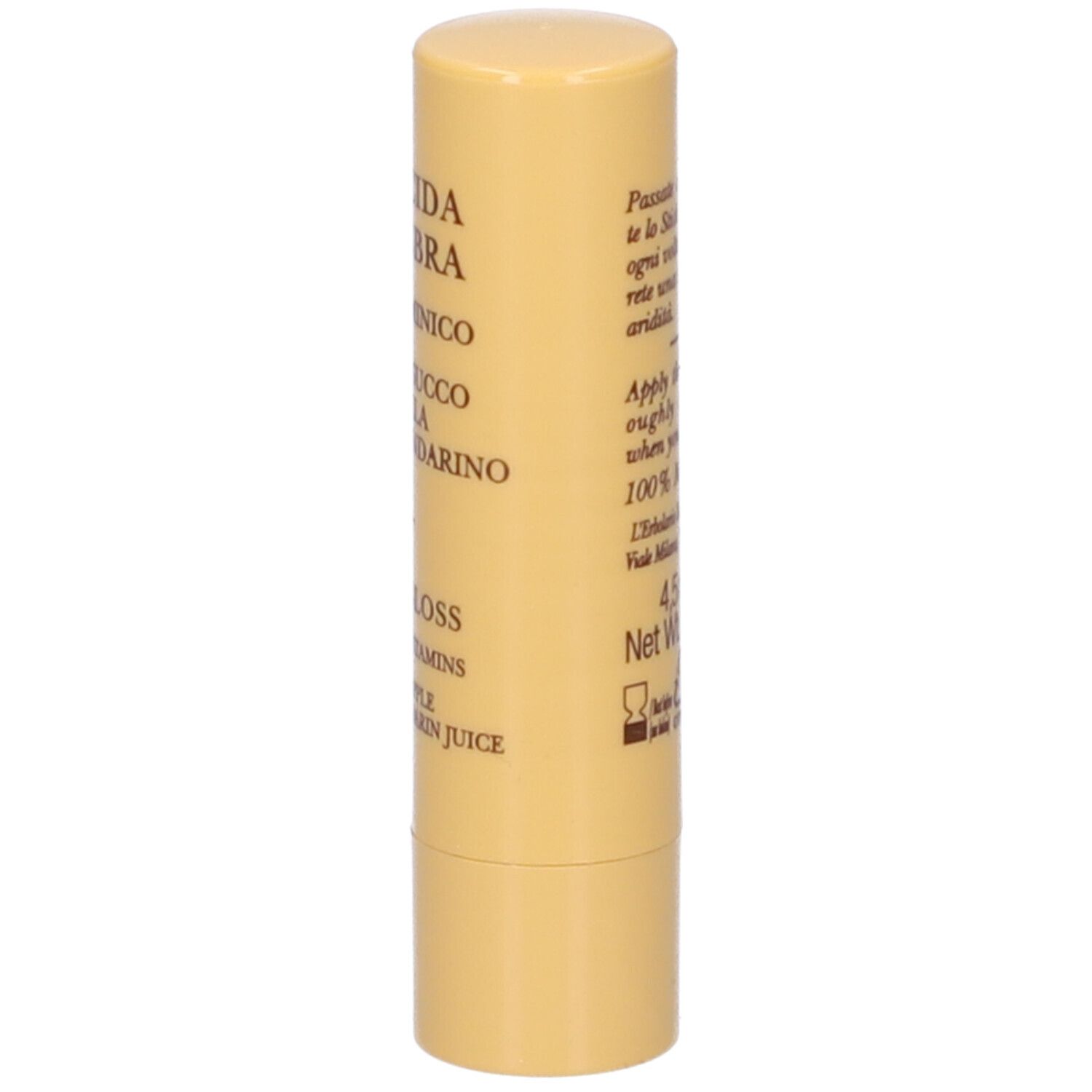 Stick di lucidalabbra cilindrico. Astuccio giallo con testo del prodotto: Lucida Labbra Vitaminico, con succo di mela e mandarino. Marchio: L'Erbolario.