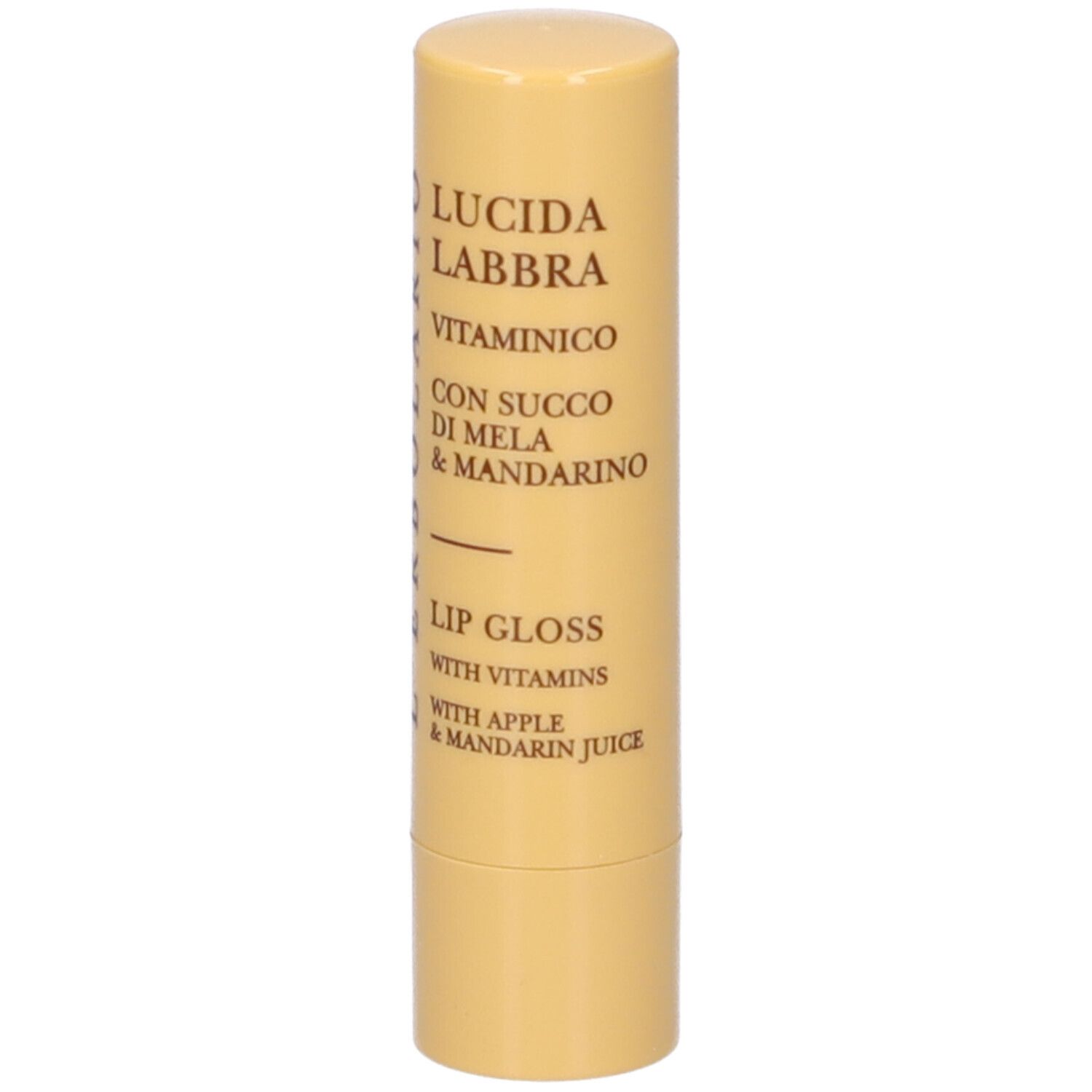 Stick di lucidalabbra cilindrico. Astuccio giallo con testo del prodotto: Lucida Labbra Vitaminico, con succo di mela e mandarino. Marchio: L'Erbolario.