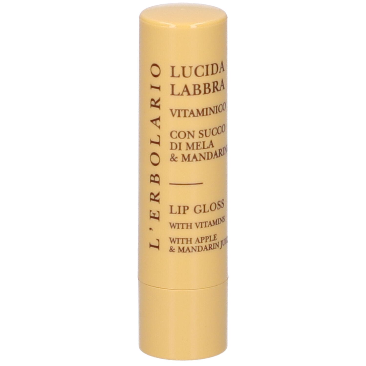 Stick di lucidalabbra cilindrico. Astuccio giallo con testo del prodotto: Lucida Labbra Vitaminico, con succo di mela e mandarino. Marchio: L'Erbolario.