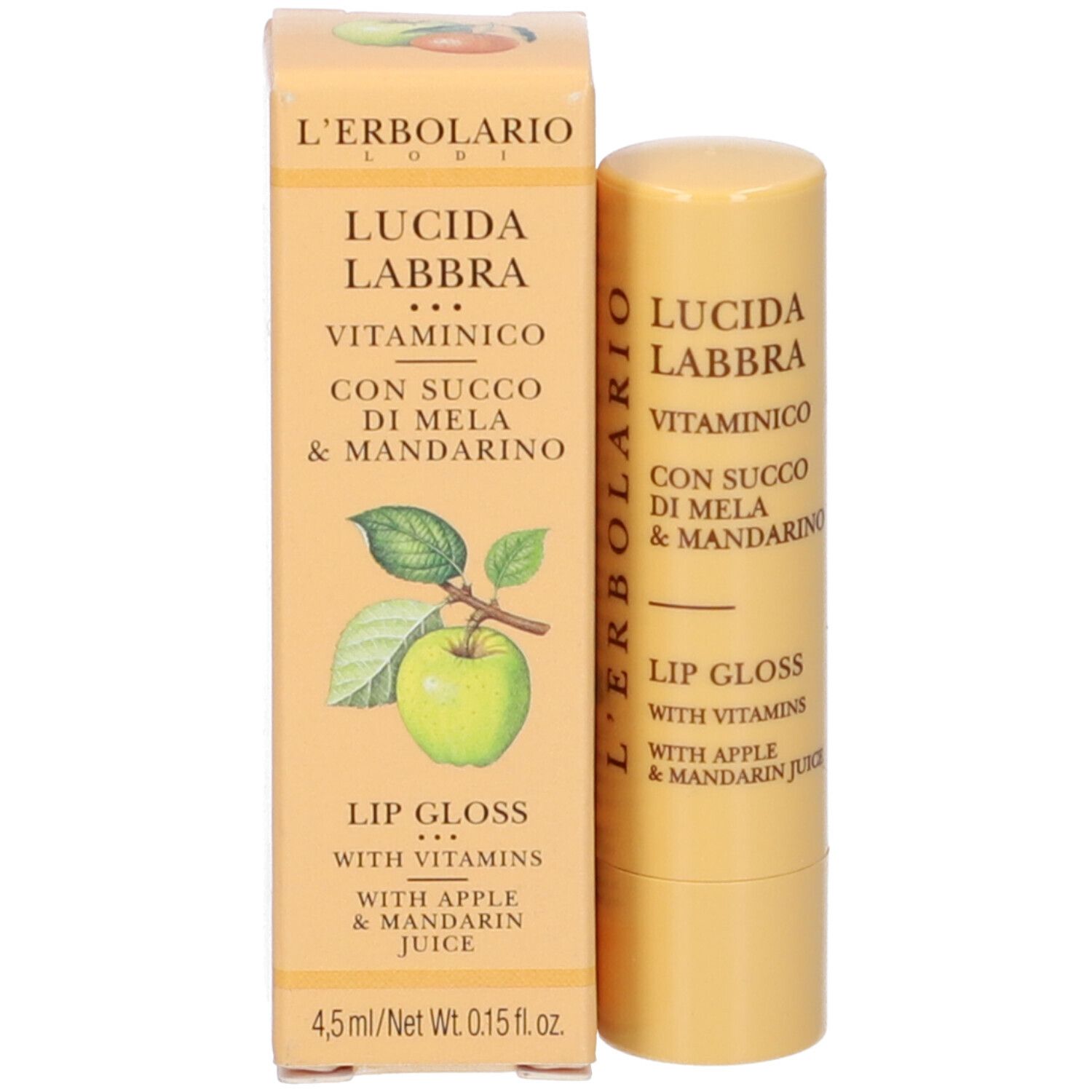 Confezione del prodotto e stick di lucidalabbra. Confezione: testo: Lucida Labbra Vitaminico, con succo di mela e mandarino. Stick: giallo, testo.