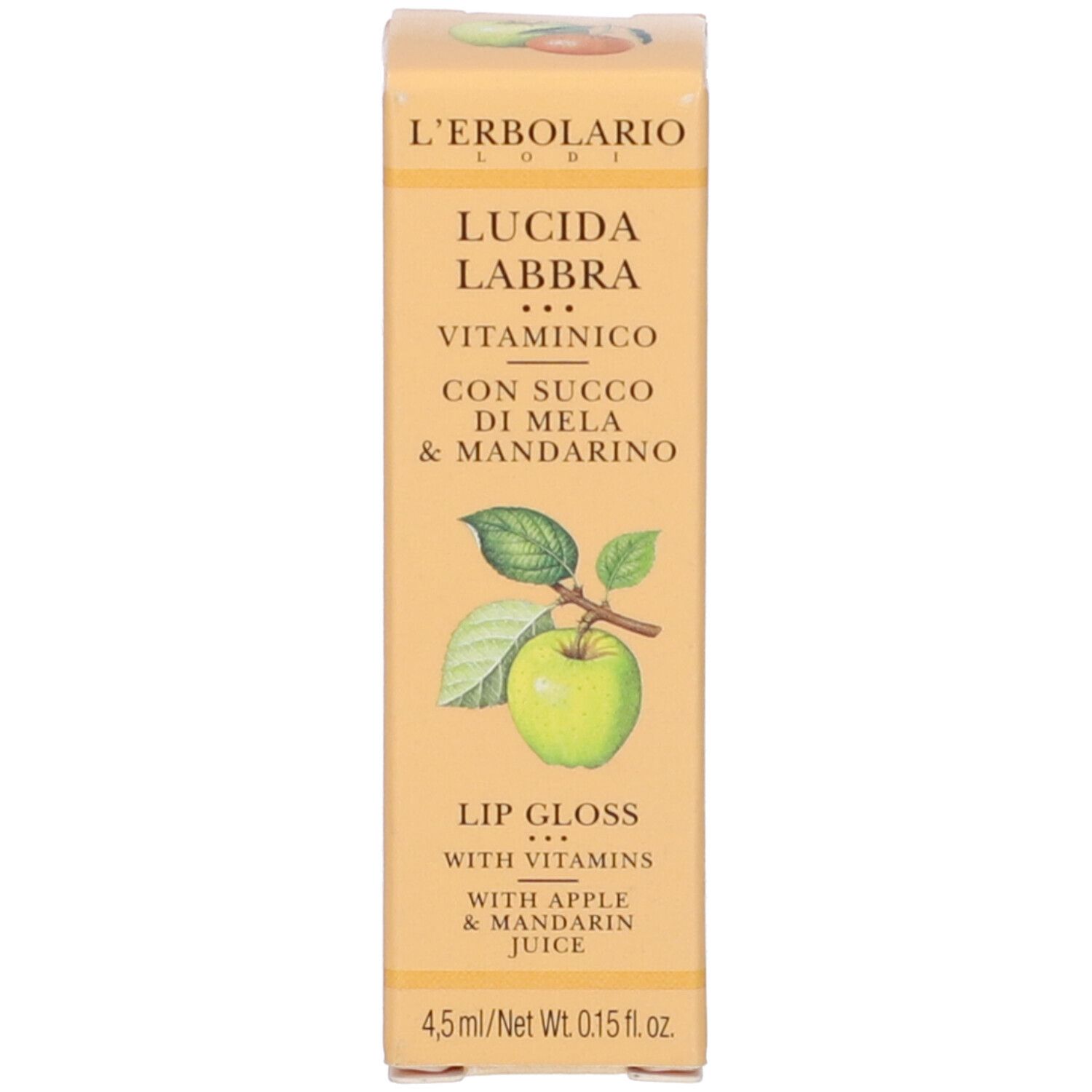 Confezione in cartone con stampa del prodotto. Testo: Lucida Labbra Vitaminico, con succo di mela e mandarino. Illustrazione: mela.