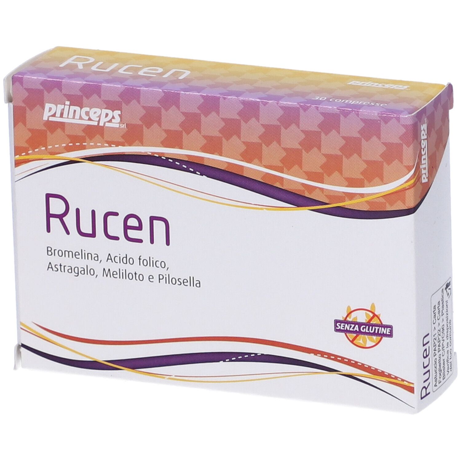 Confezione Rucen. Contiene Bromelina, Acido folico, Astragalo, Meliloto e Pilosella. Logo senza glutine.