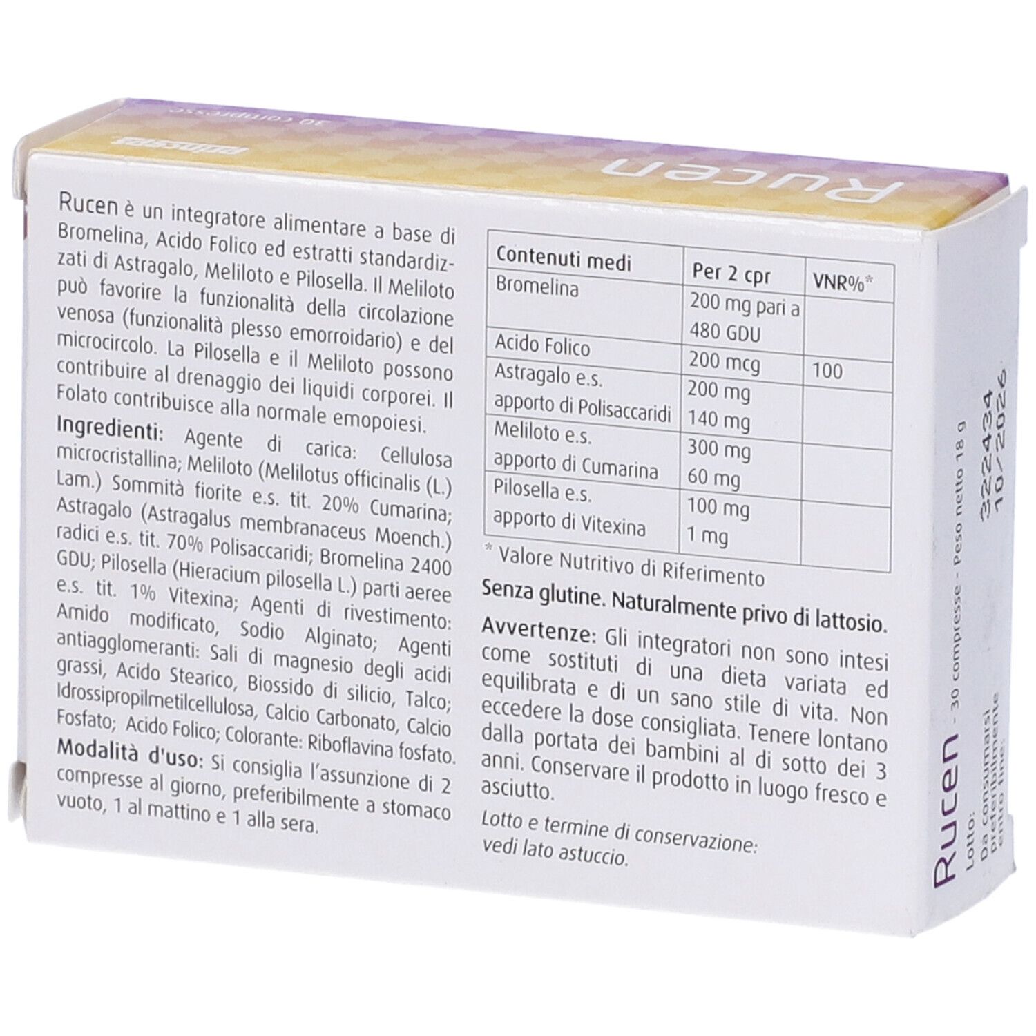 Retro della confezione Rucen. Informazioni sugli ingredienti e valori nutrizionali. Senza glutine.
