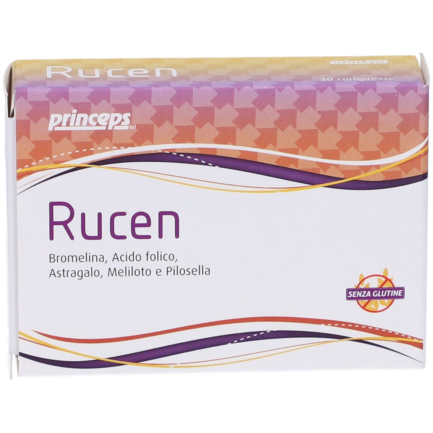 Confezione Rucen. Scritto: Rucen, Bromelina, Acido folico, Astragalo, Meliloto e Pilosella. Senza glutine.