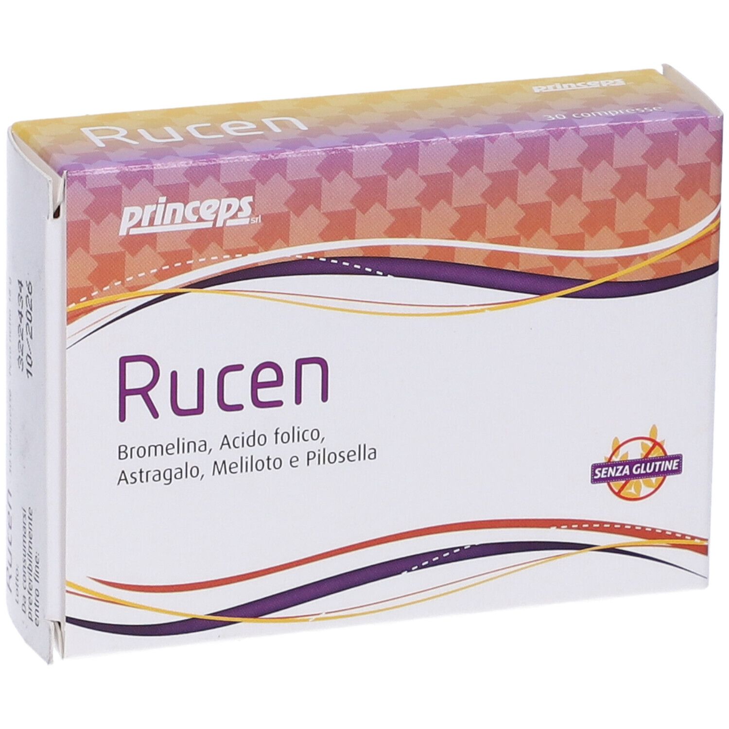 Confezione Rucen. Scritto: Rucen, Bromelina, Acido folico, Astragalo, Meliloto e Pilosella. Senza glutine.
