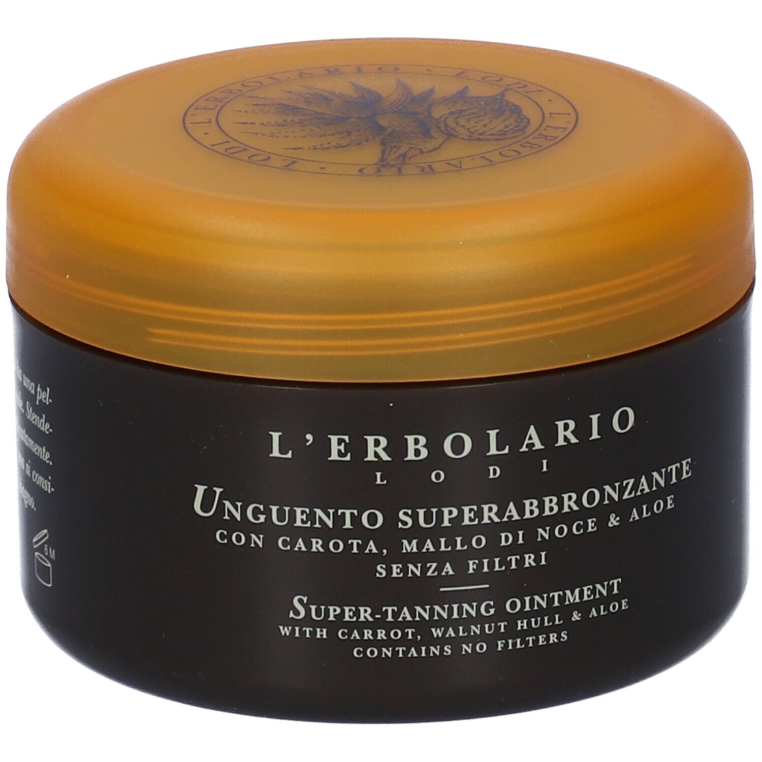 Barattolo nero con coperchio arancione. Testo: Unguento Superabbronzante, senza filtri. Logo: L'Erbolario.