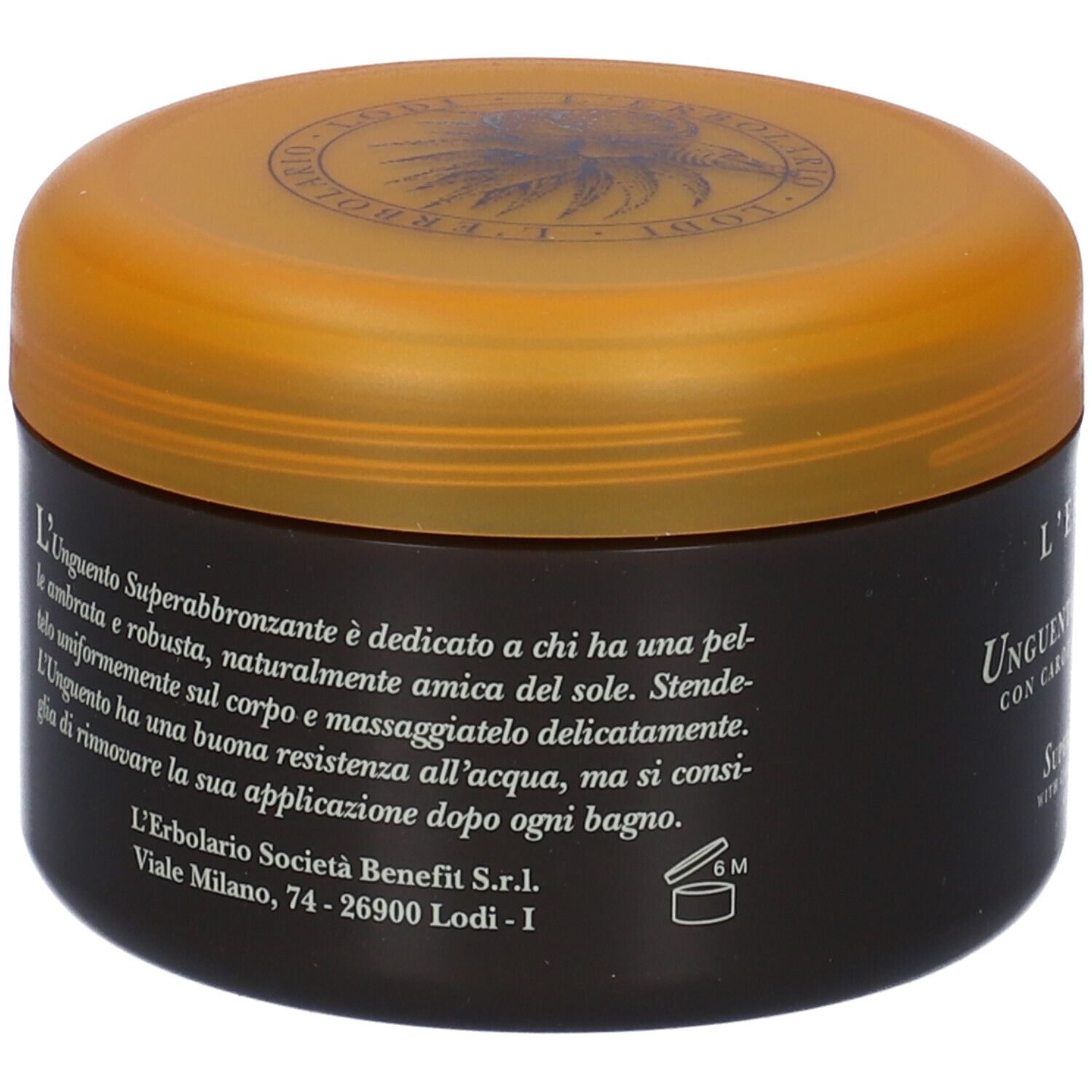 Barattolo nero con coperchio arancione. Testo: Unguento Superabbronzante. Scritte in italiano e inglese.