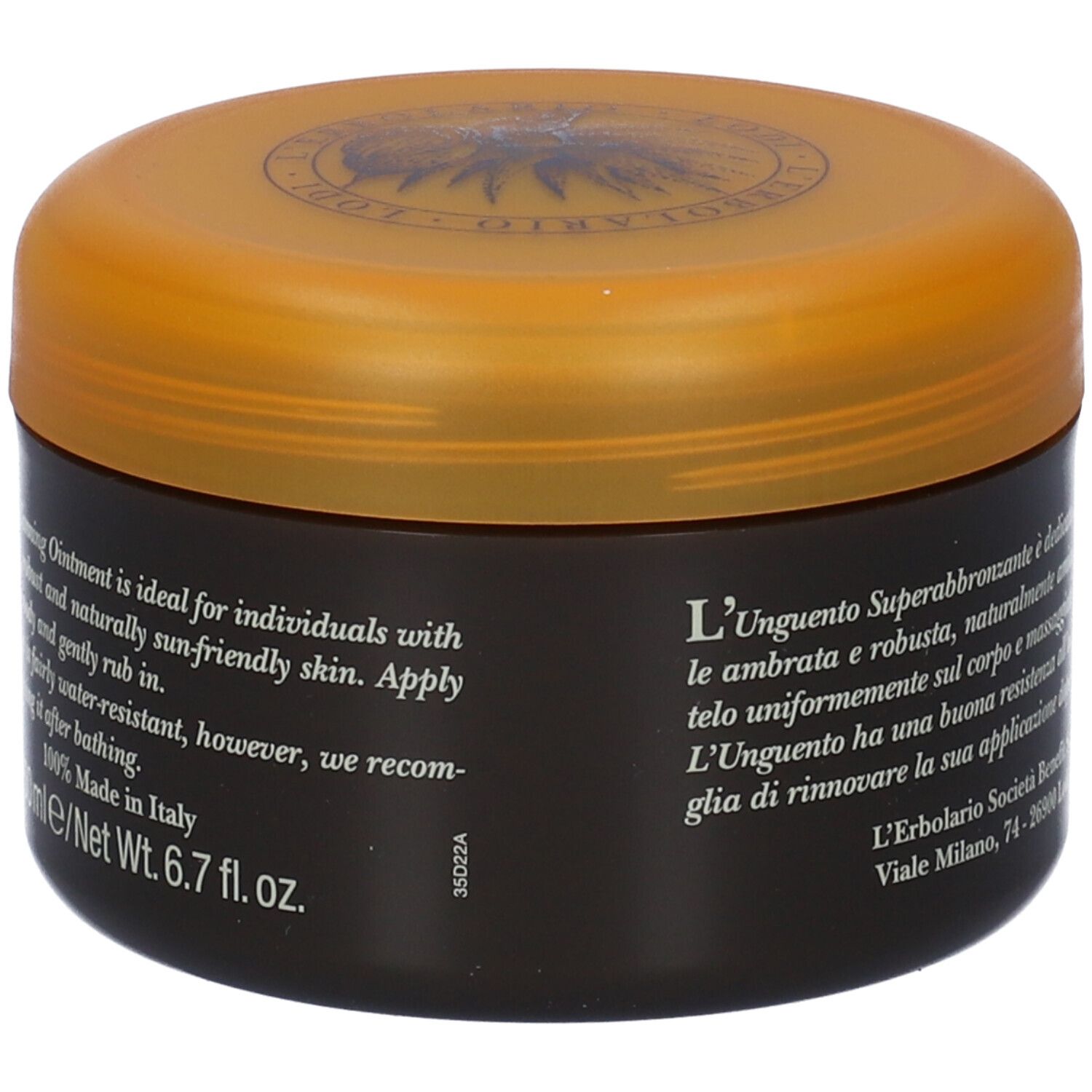 Barattolo nero con coperchio arancione. Testo: Unguento Superabbronzante. Scritte in italiano e inglese.