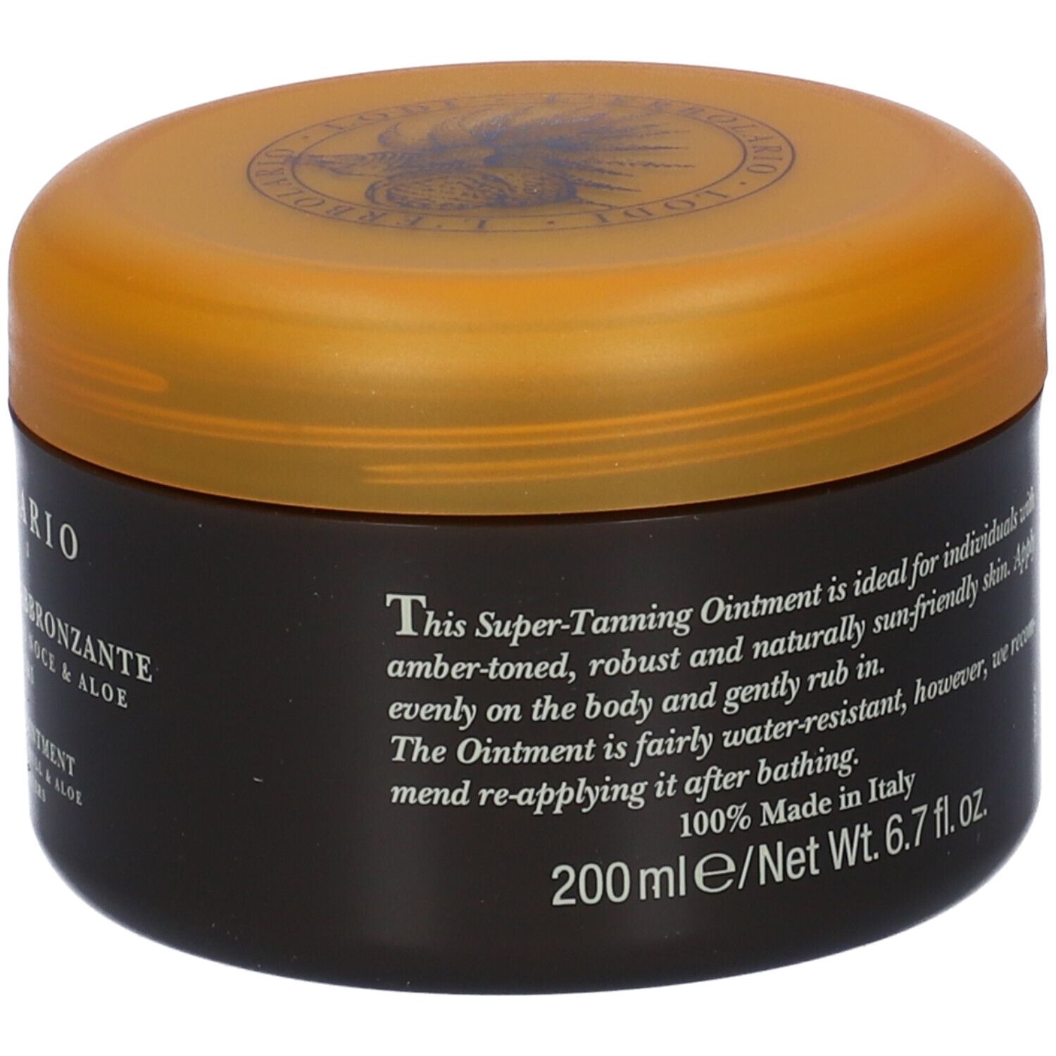 Barattolo nero con coperchio arancione. Testo: Unguento Superabbronzante. Scritte in italiano e inglese.