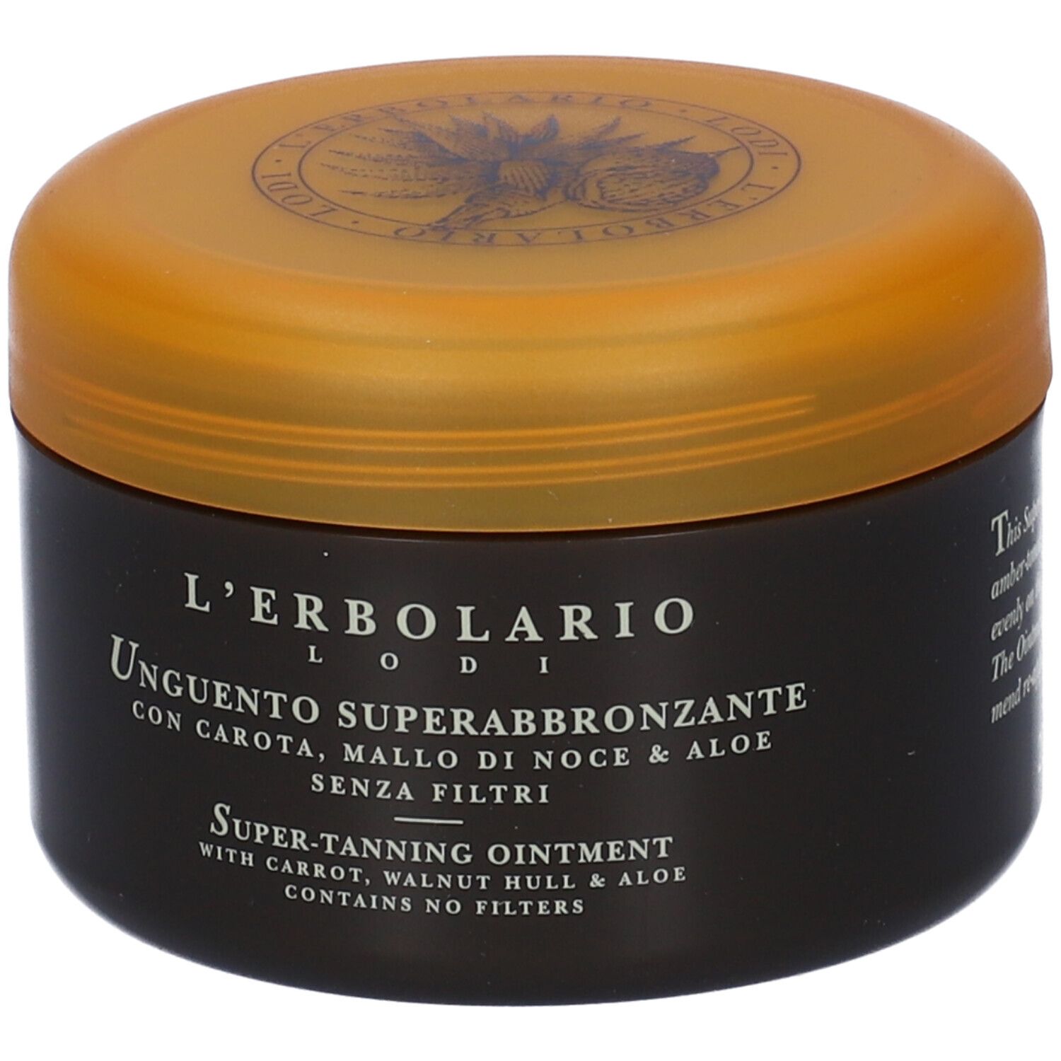 Barattolo nero con coperchio arancione. Testo: Unguento Superabbronzante. Scritte in italiano e inglese.