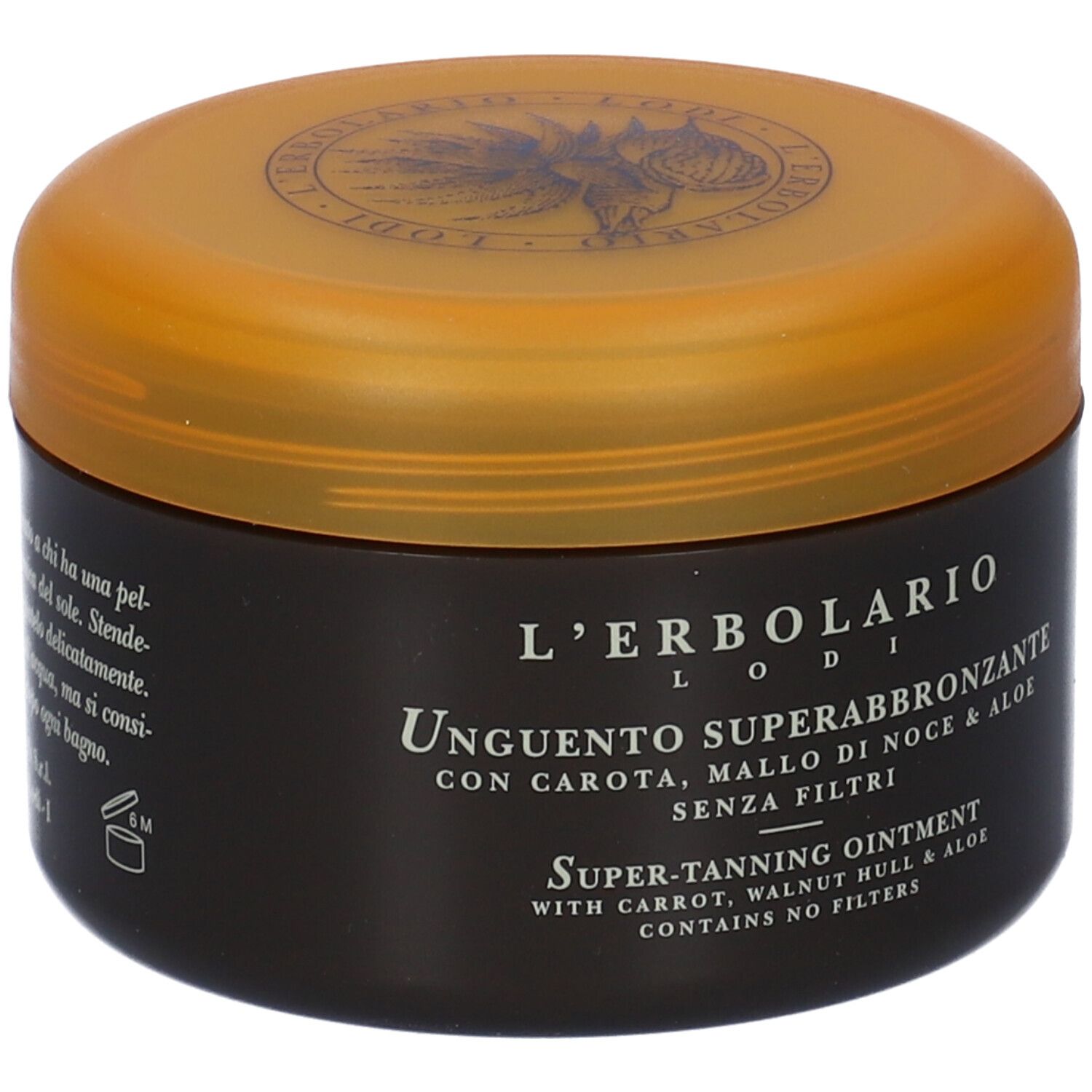 Barattolo nero con coperchio arancione. Testo: Unguento Superabbronzante. Scritte in italiano e inglese.