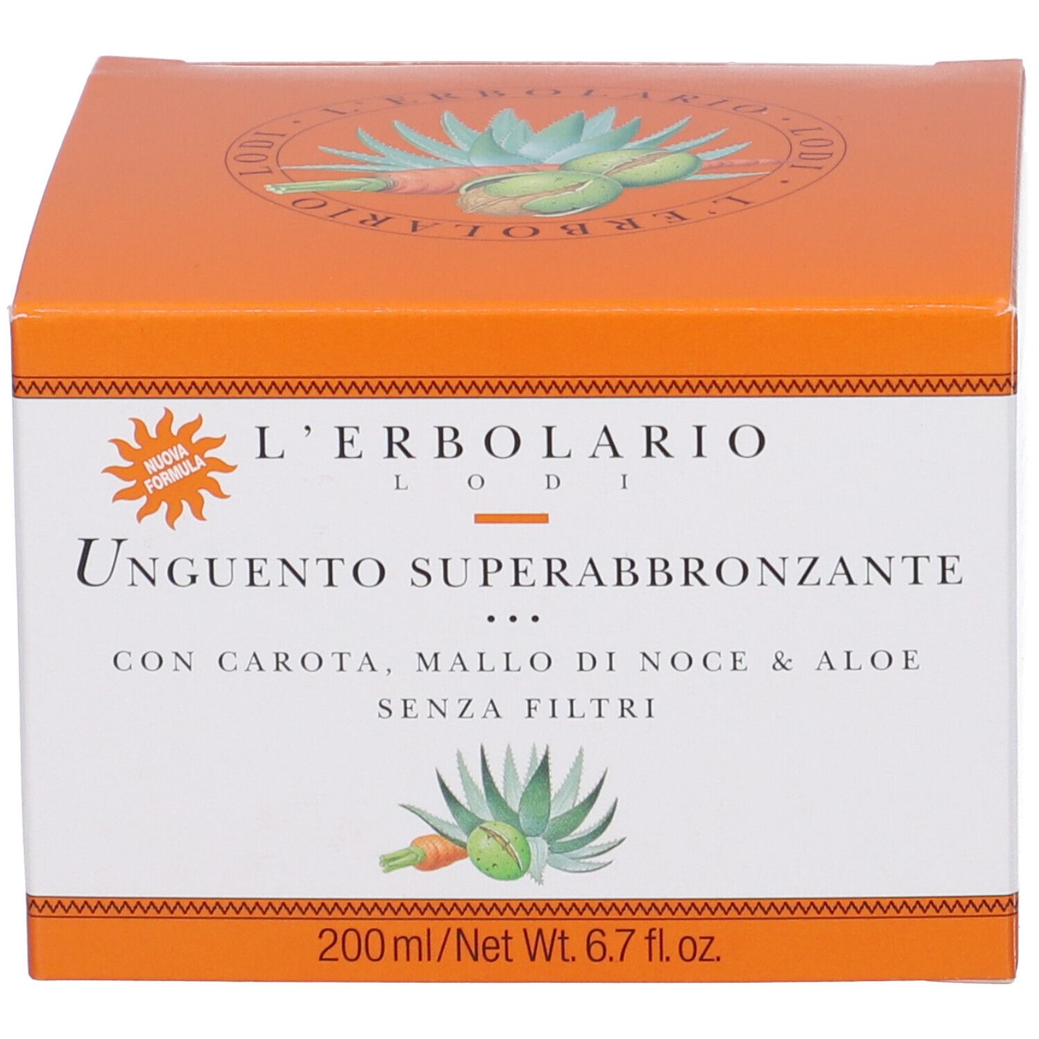 Scatola arancione con testo del prodotto. Testo: Unguento Superabbronzante, senza filtri. Logo: L'Erbolario.