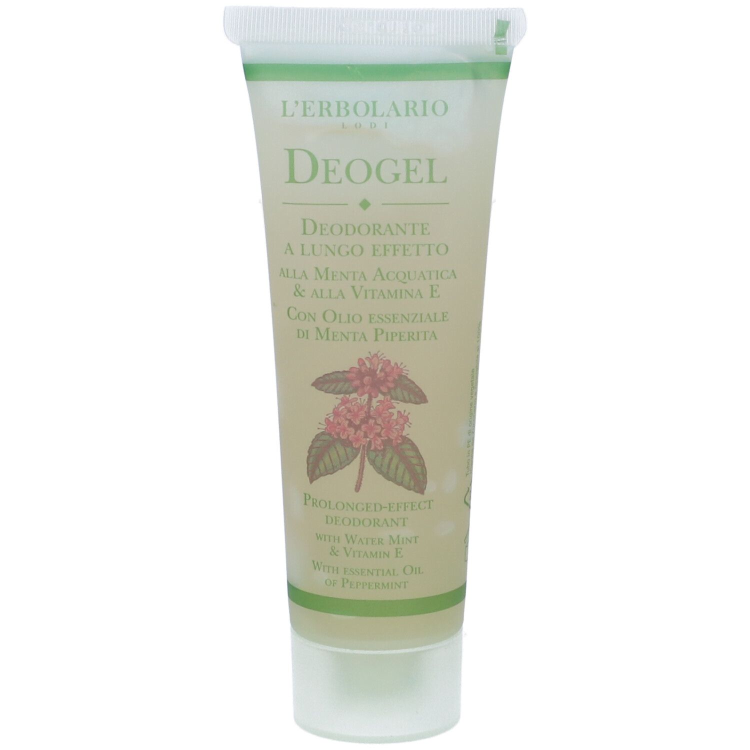 Tubo trasparente con contenuto verde. Scritta: Deogel, Deodorante, ingredienti.