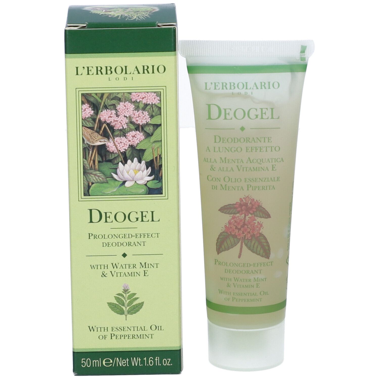 Scatola e tubo verdi. Scritta: Deogel, Deodorante, ingredienti. Presentazione del prodotto.