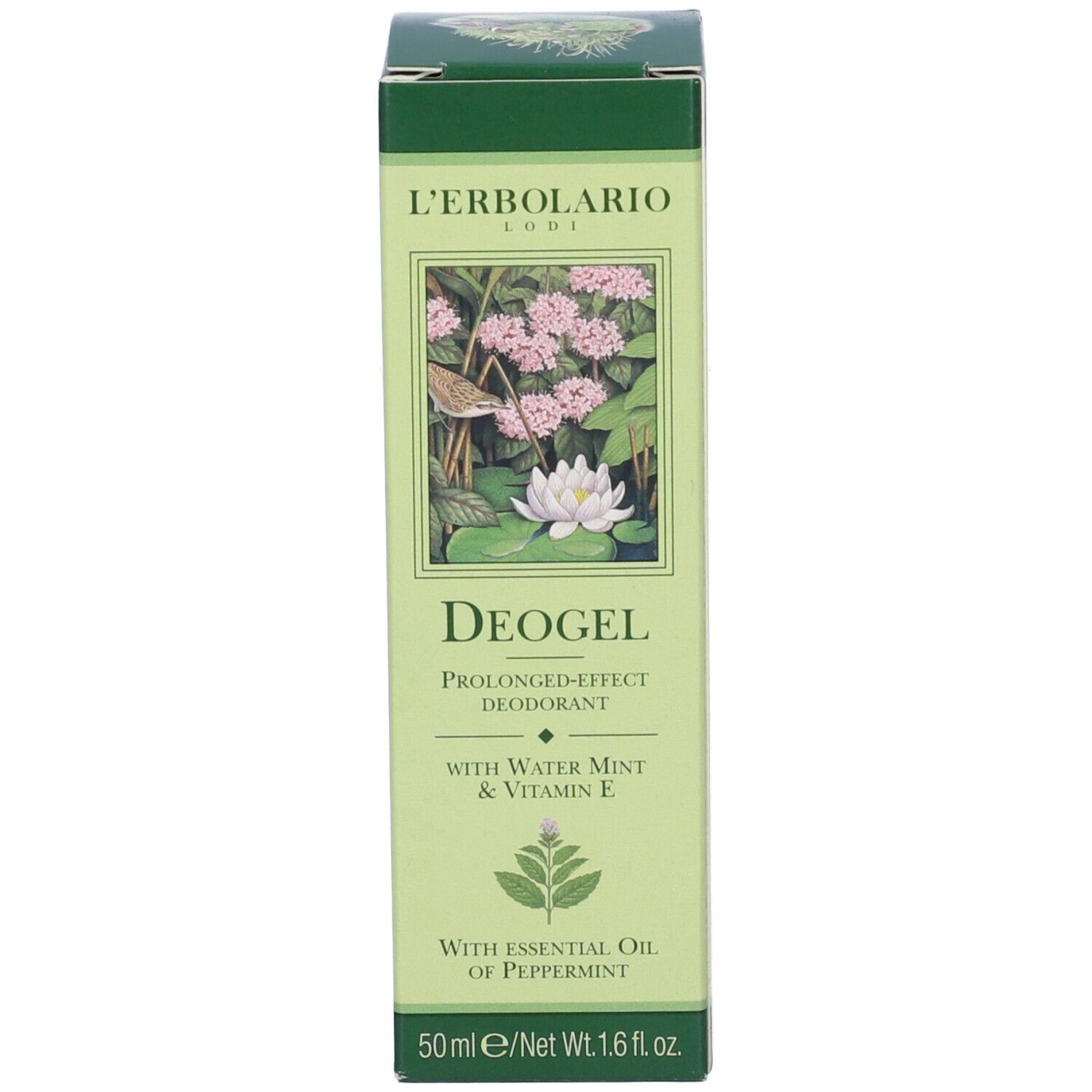 Scatola verde. Scritta: Deogel, Deodorante, ingredienti. Presentazione del prodotto.