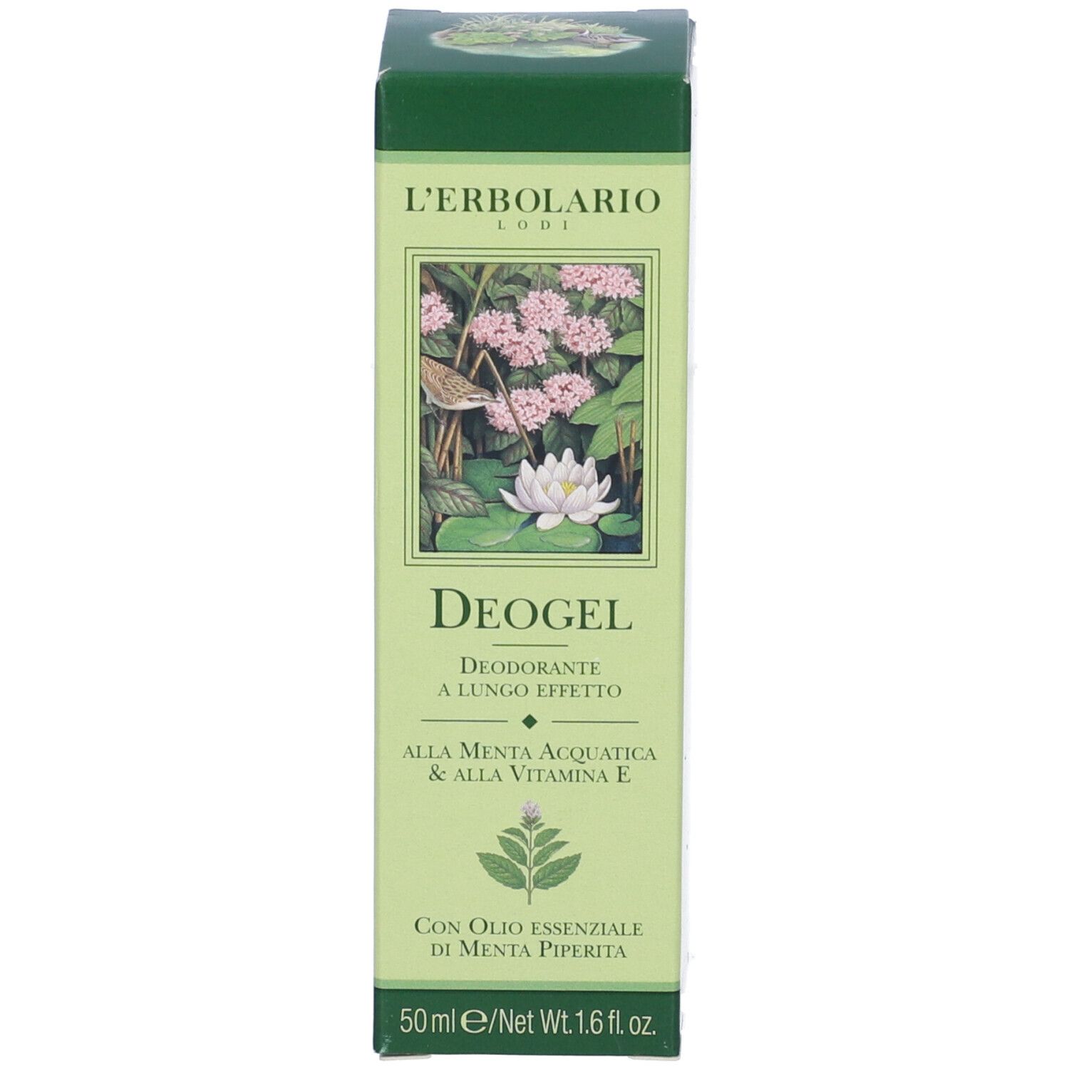Fronte della scatola. Scritta: Deogel, Deodorante, ingredienti.