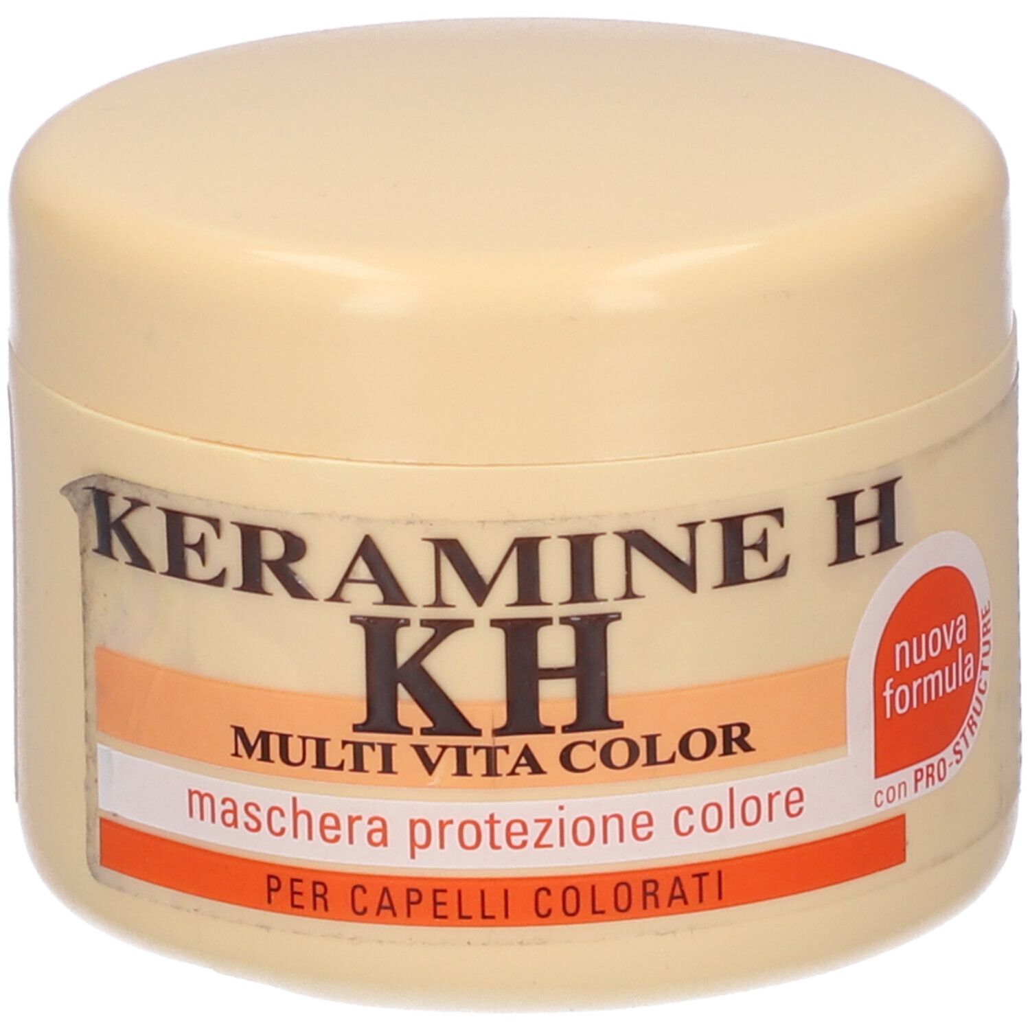 Barattolo beige con nome prodotto Keramine H, KH, Multi Vita Color. Scritta: Maschera protezione colore. Con adesivo rosso.
