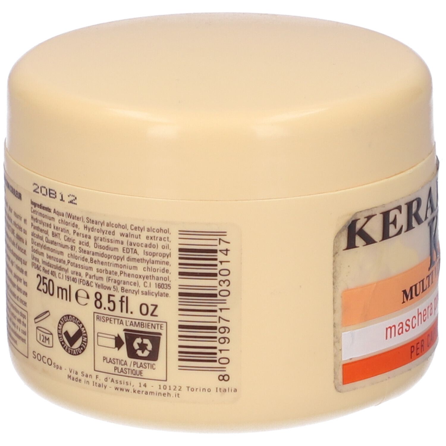 Barattolo beige con nome prodotto Keramine H, KH, Multi Vita Color. Scritta: Maschera protezione colore. Con adesivo rosso.