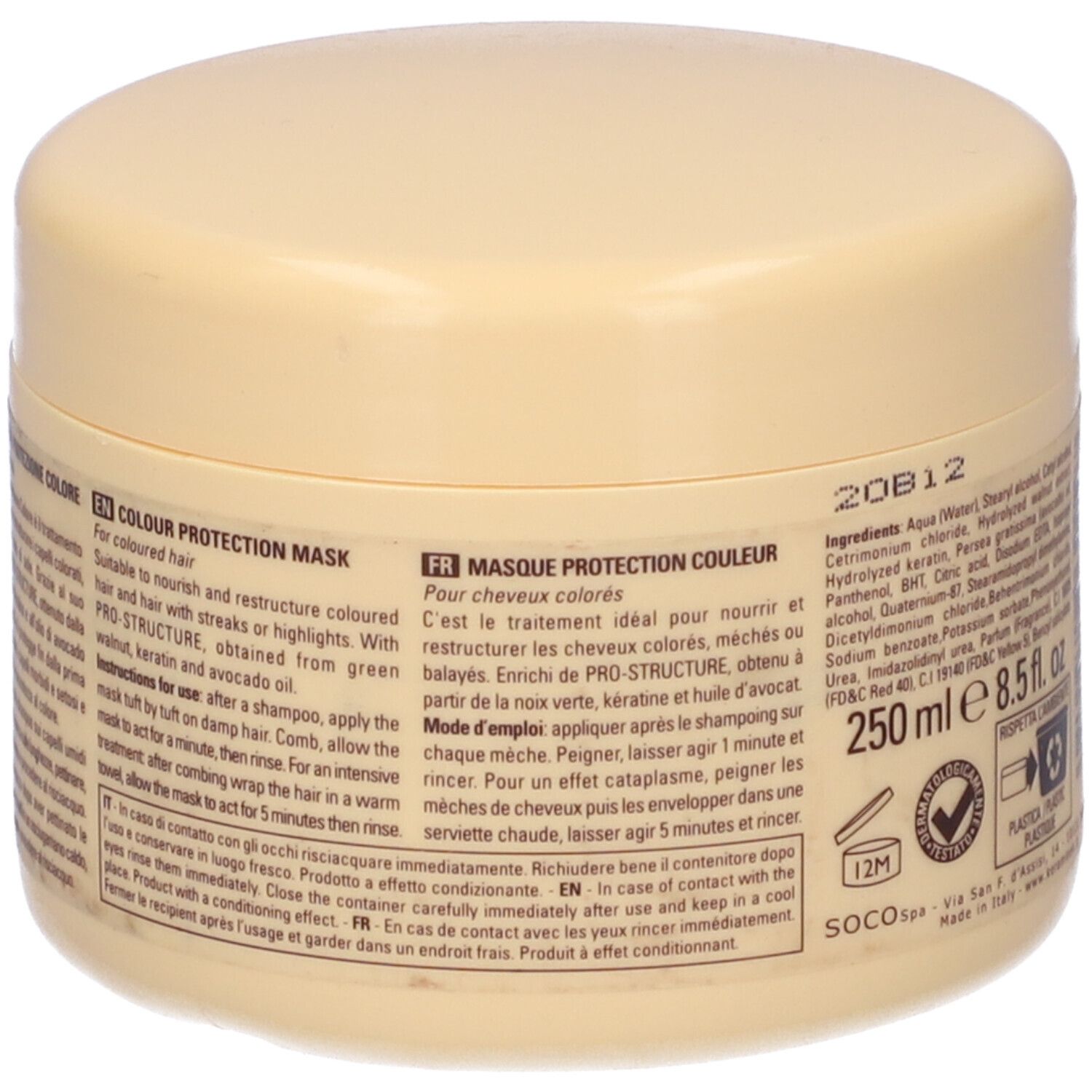 Barattolo beige con nome prodotto Keramine H, KH, Multi Vita Color. Scritta: Maschera protezione colore. Con adesivo rosso.