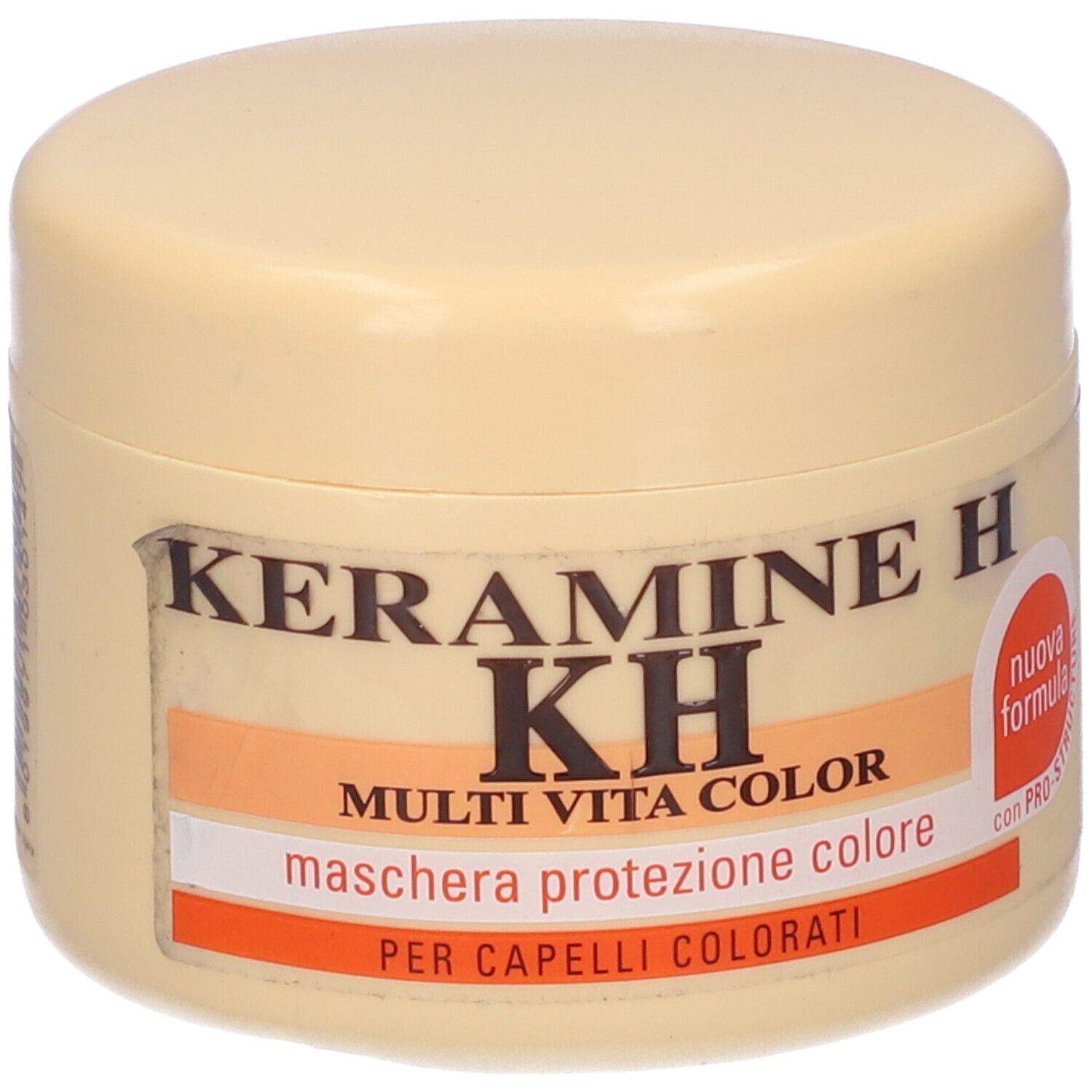 Barattolo beige con nome prodotto Keramine H, KH, Multi Vita Color. Scritta: Maschera protezione colore. Con adesivo rosso.