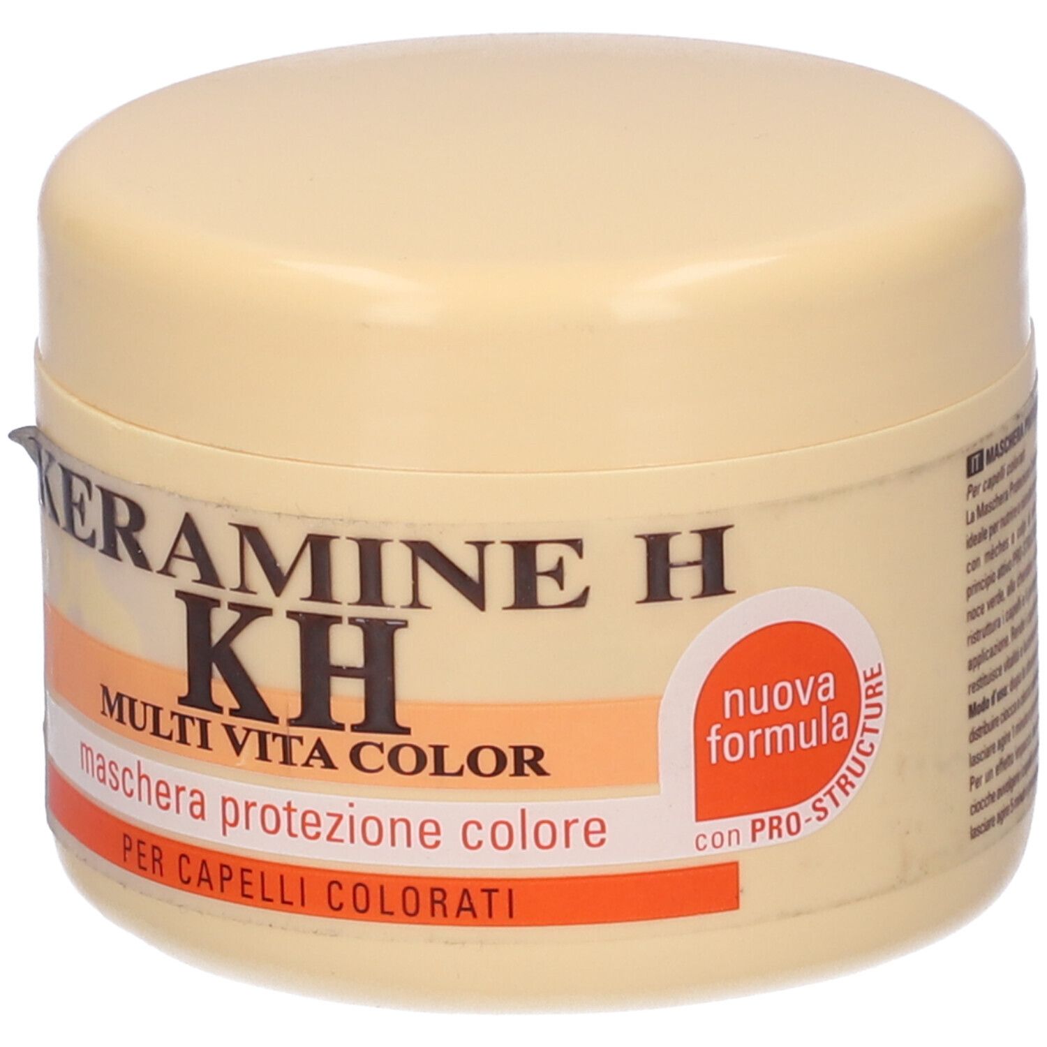 Barattolo beige con nome prodotto Keramine H, KH, Multi Vita Color. Scritta: Maschera protezione colore. Con adesivo rosso.