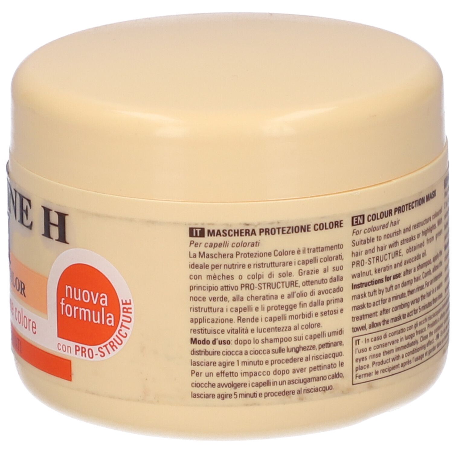Barattolo beige con nome prodotto Keramine H, KH, Multi Vita Color. Scritta: Maschera protezione colore. Con adesivo rosso.