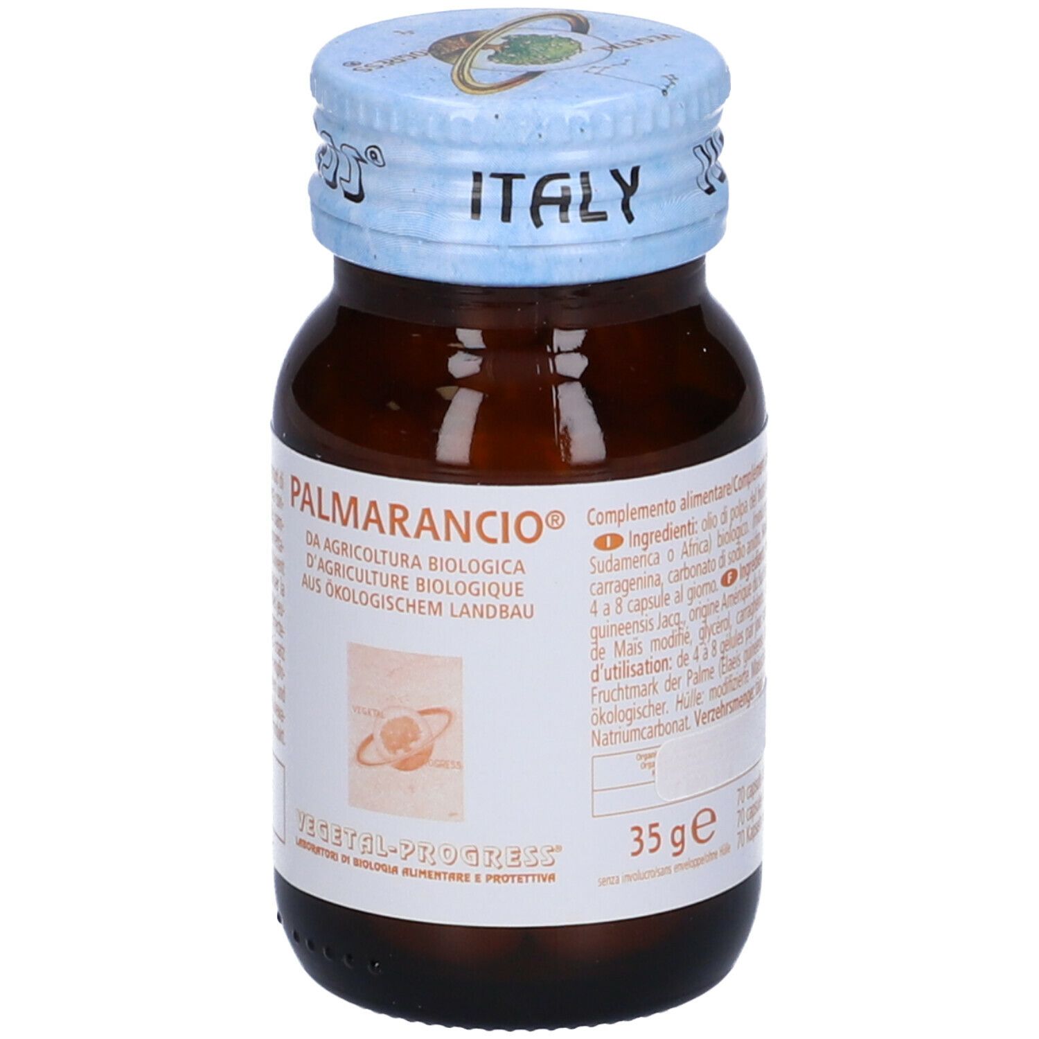 Flacone di vetro marrone con tappo blu. L'etichetta riporta "Palmarancio" e "Vegetal-Progress".