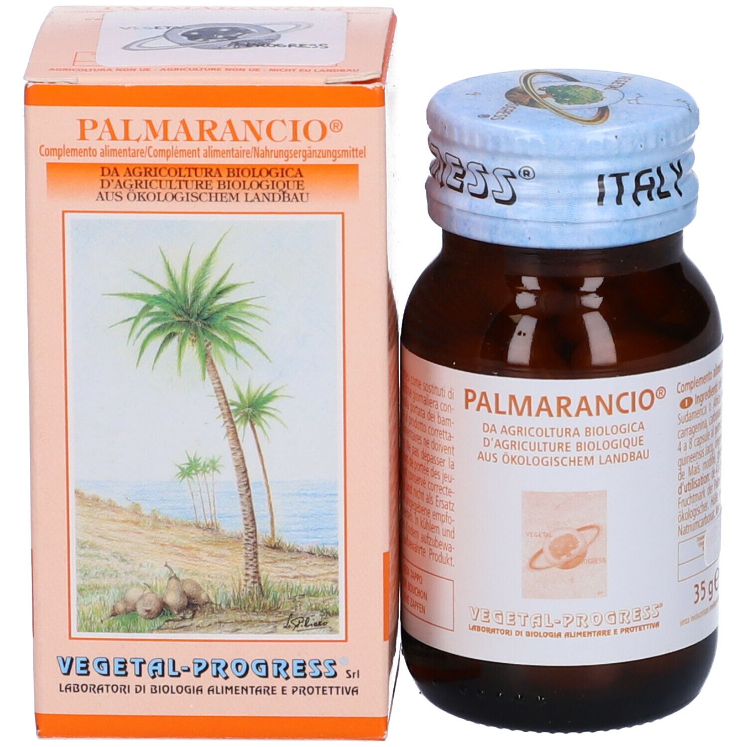 Flacone di vetro marrone e scatola. "Palmarancio" e "Vegetal-Progress" sono sulla scatola e sul flacone.