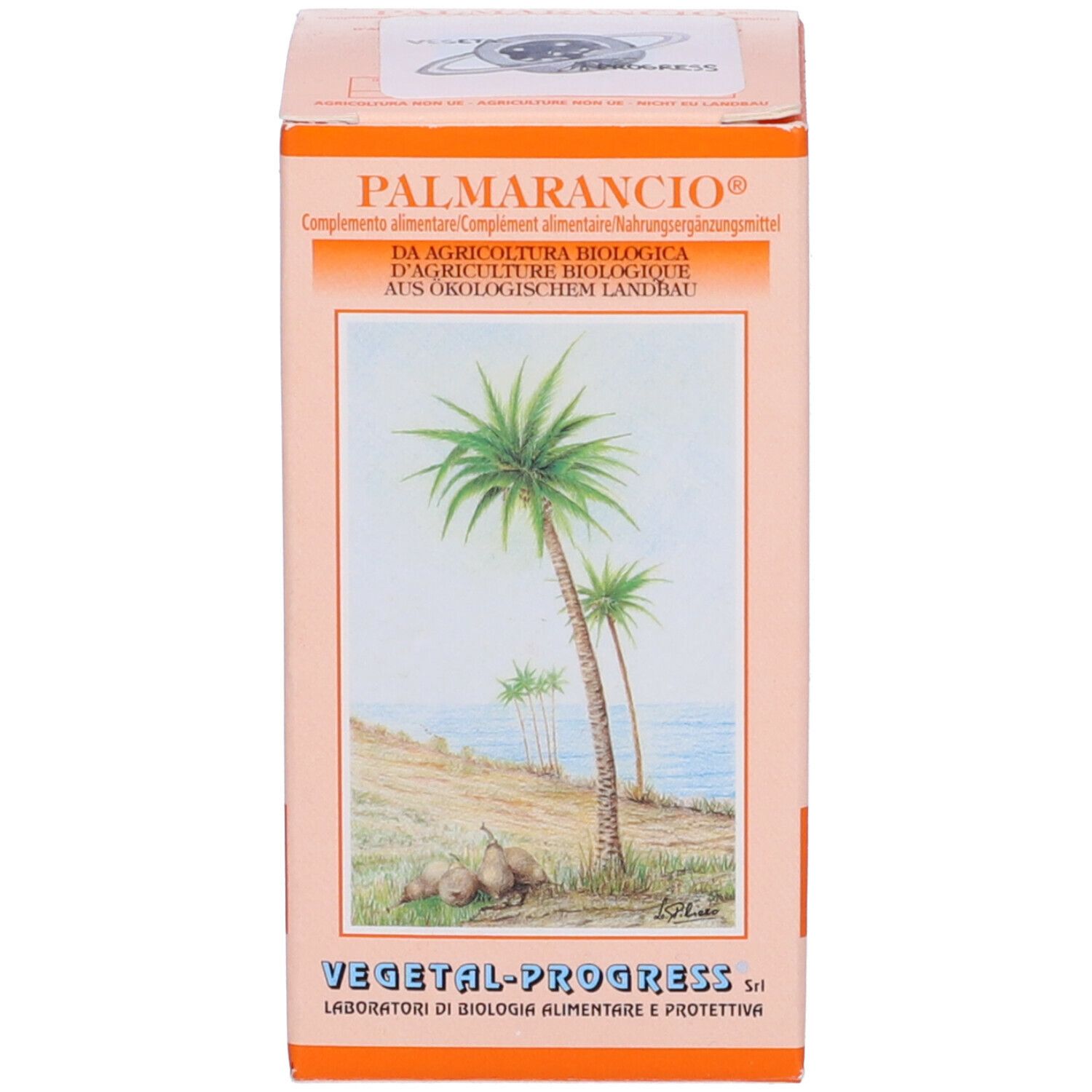 Scatola con motivo di palme. "Palmarancio" e "Vegetal-Progress" sono sulla scatola.