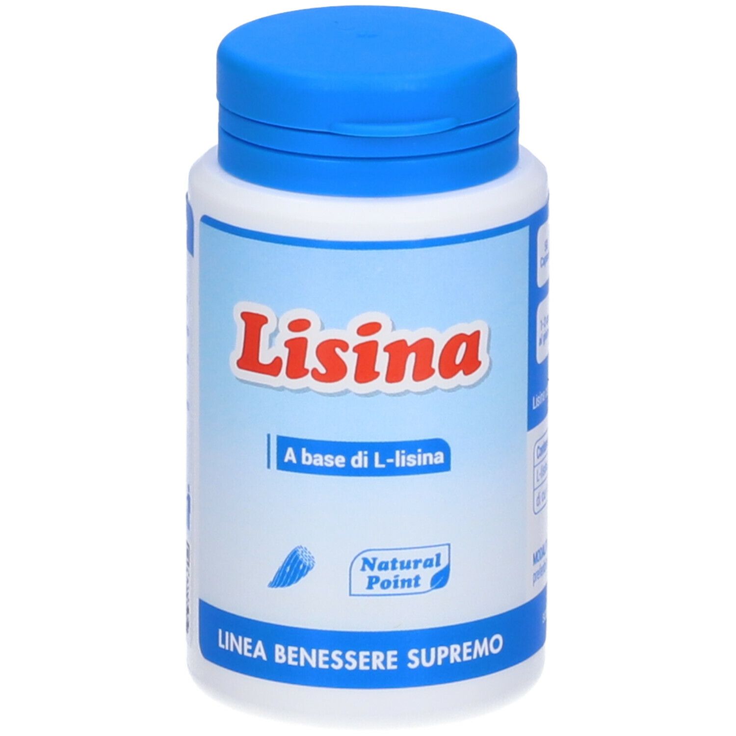 Flacone bianco con tappo blu. Scritta "Lisina" e "A base di L-lisina". Logo "Natural Point".