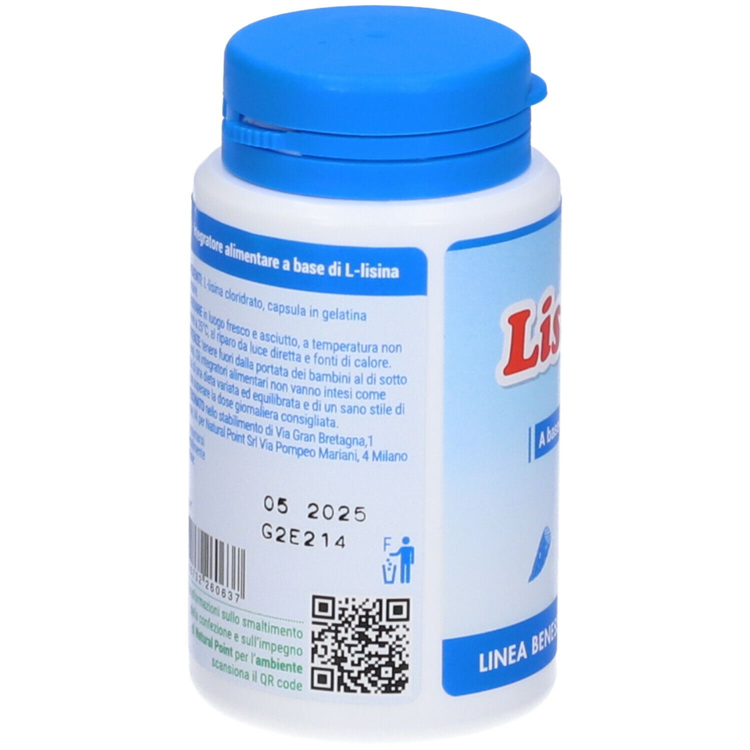 Retro del flacone bianco con tappo blu. Testo e codice QR. Data di scadenza: 05 2025.