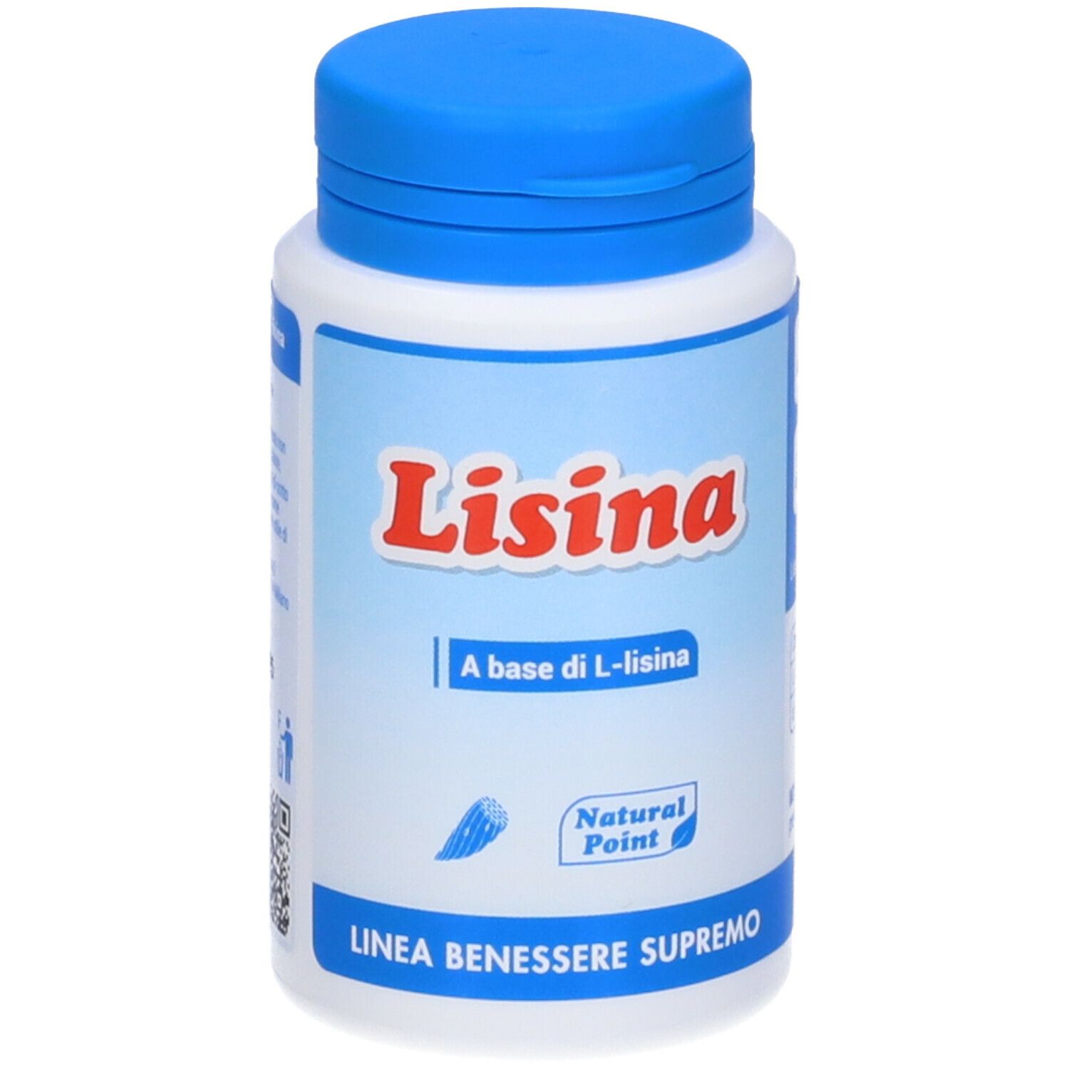 Flacone bianco con tappo blu. Scritta "Lisina" e "A base di L-lisina". Logo "Natural Point".
