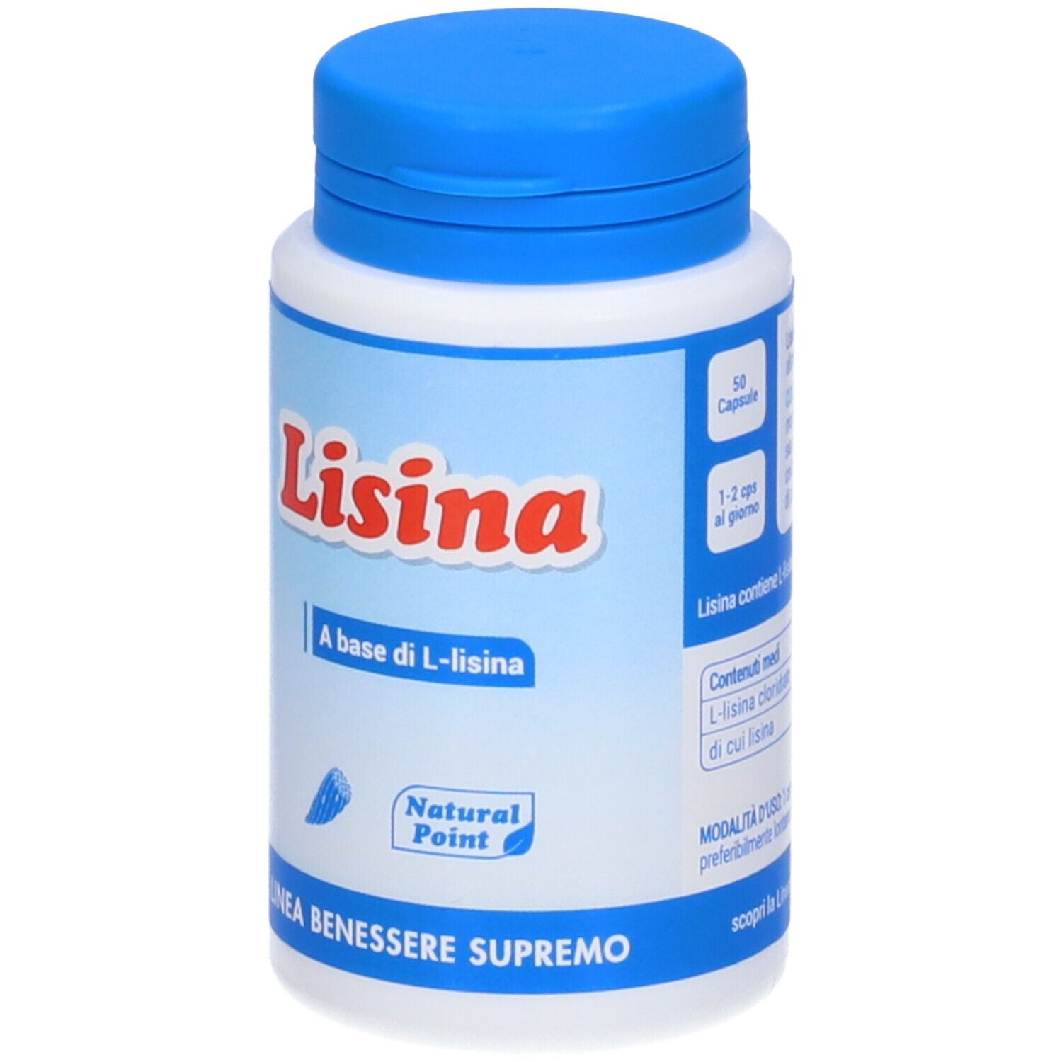 Flacone bianco con tappo blu. Scritta "Lisina" e "A base di L-lisina". Logo "Natural Point". 50 capsule.