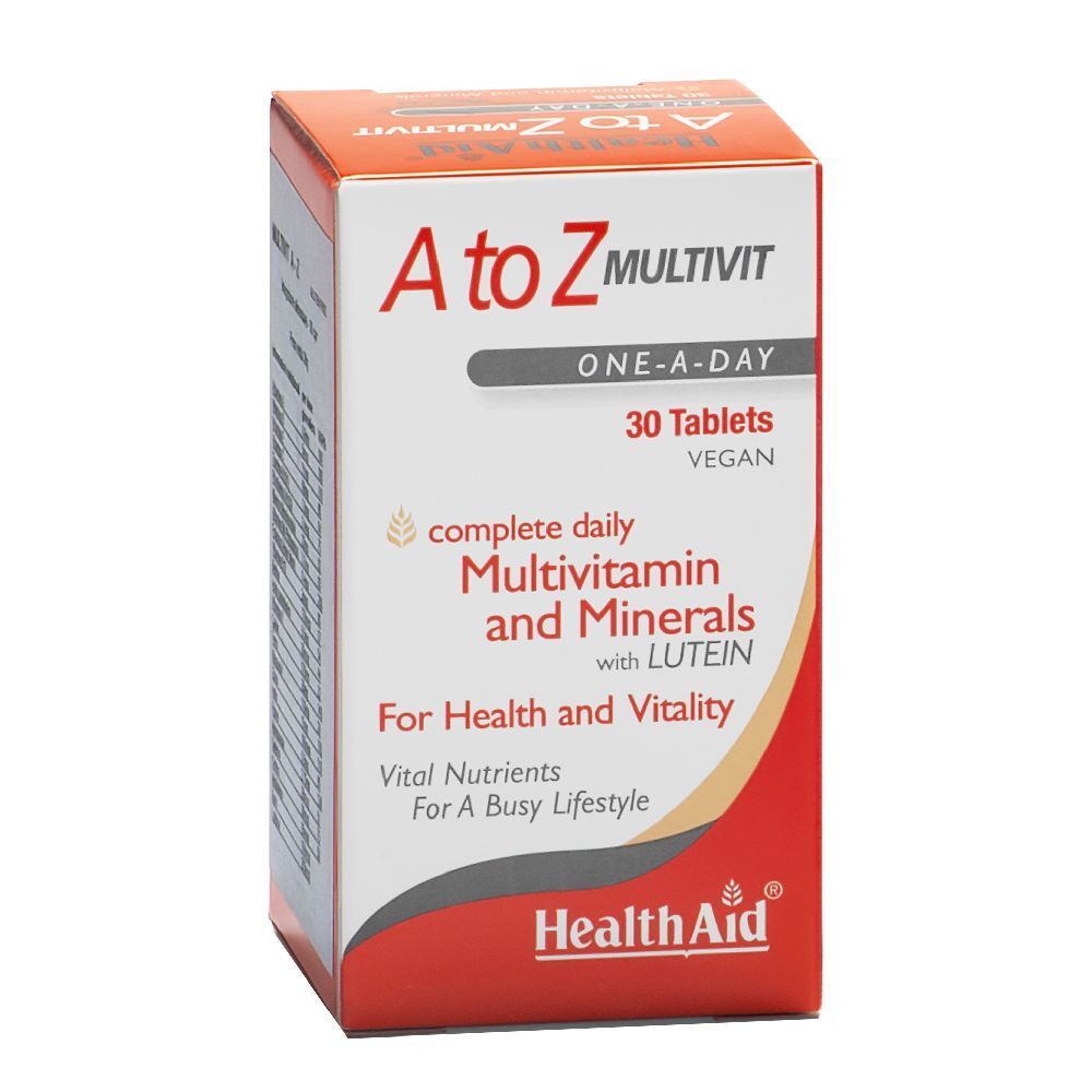 Scatola di compresse 'A to Z Multivit'. Contiene 30 compresse, vegane. Marchio: HealthAid.