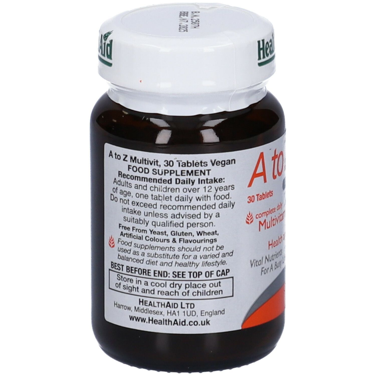 Flacone di vetro marrone di compresse 'A to Z Multivit'. Contiene 30 compresse. Marchio: HealthAid. Testo sul retro.