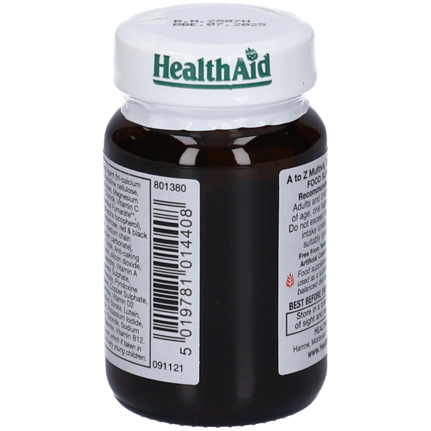 Flacone di vetro marrone di compresse 'A to Z Multivit'. Marchio: HealthAid. Testo e codice a barre sul retro.