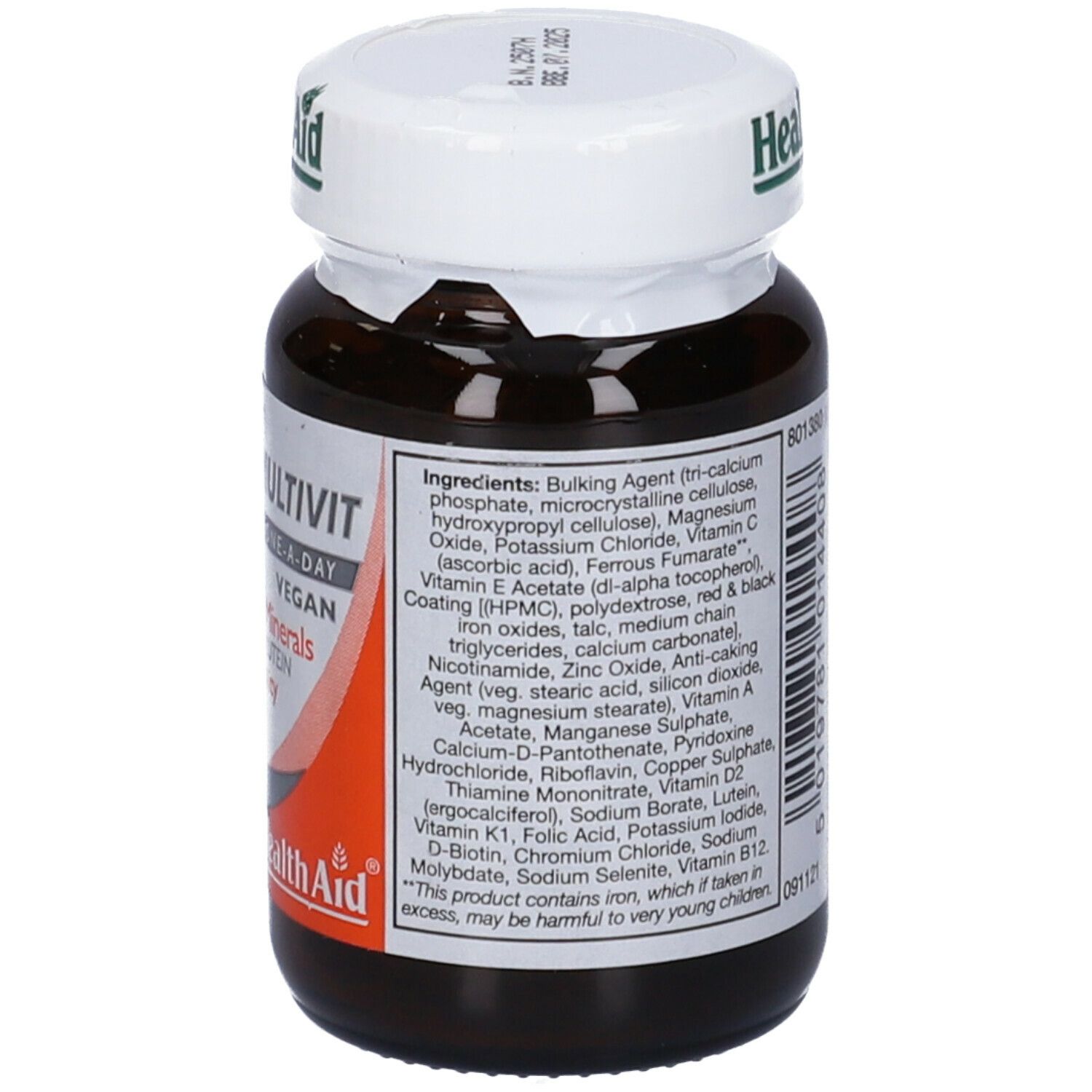 Flacone di vetro marrone di compresse 'A to Z Multivit'. Marchio: HealthAid. Elenco ingredienti sul retro.