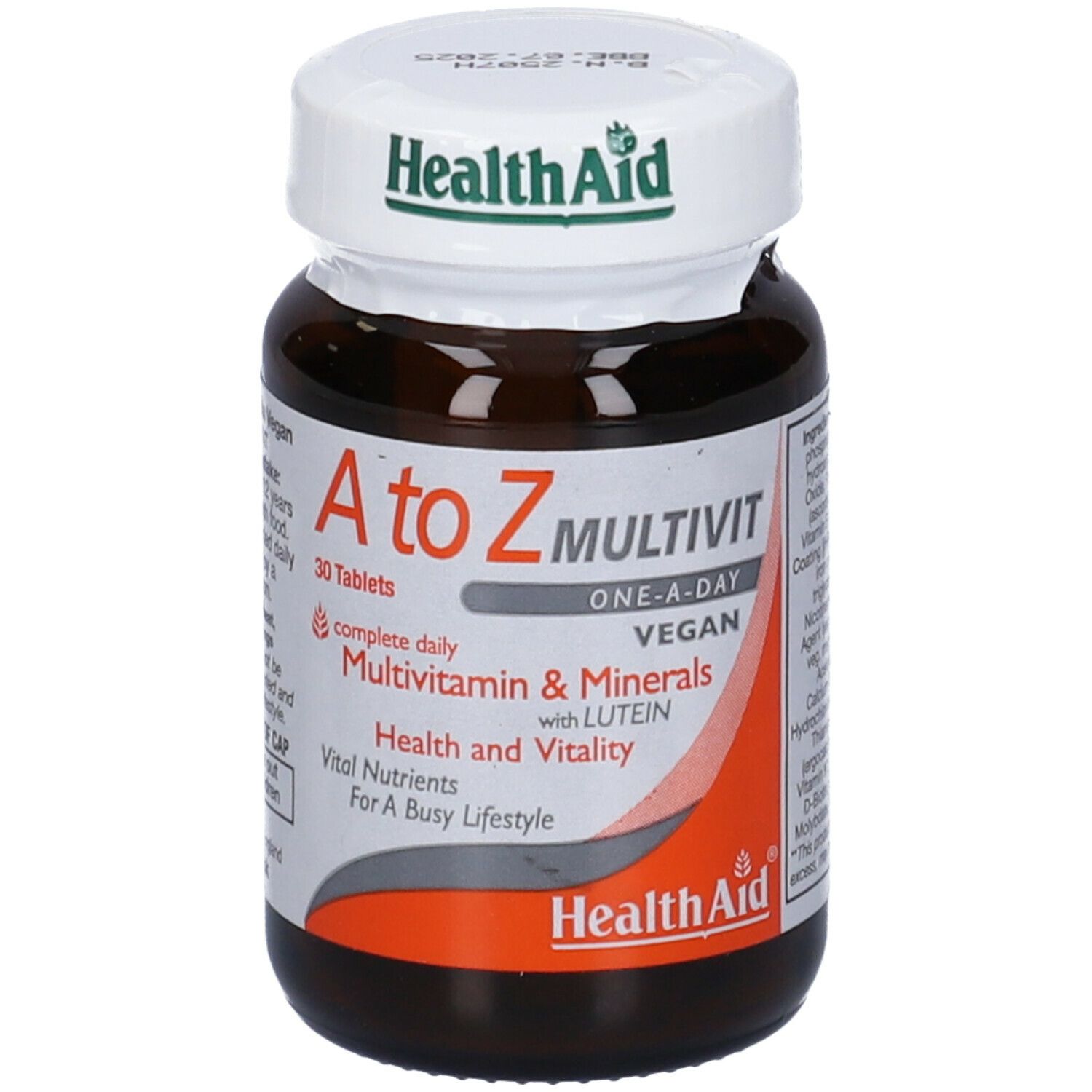 Flacone di vetro marrone di compresse 'A to Z Multivit'. Contiene 30 compresse. Marchio: HealthAid. Etichetta.