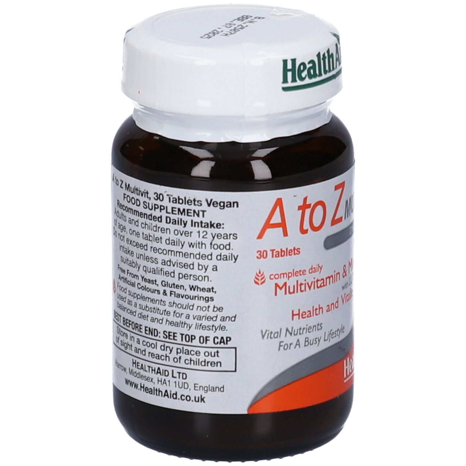 Flacone di vetro marrone di compresse 'A to Z Multivit'. Contiene 30 compresse. Marchio: HealthAid. Etichetta.
