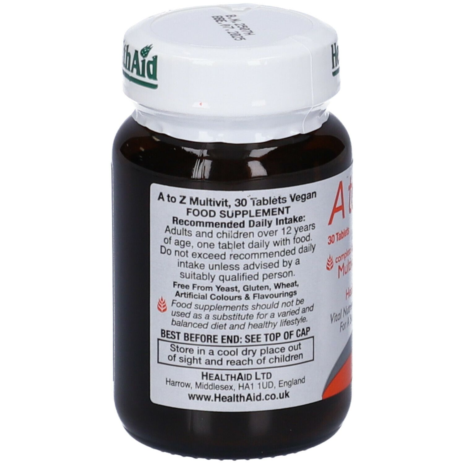 Flacone di vetro marrone di compresse 'A to Z Multivit'. Marchio: HealthAid. Testo sul retro.