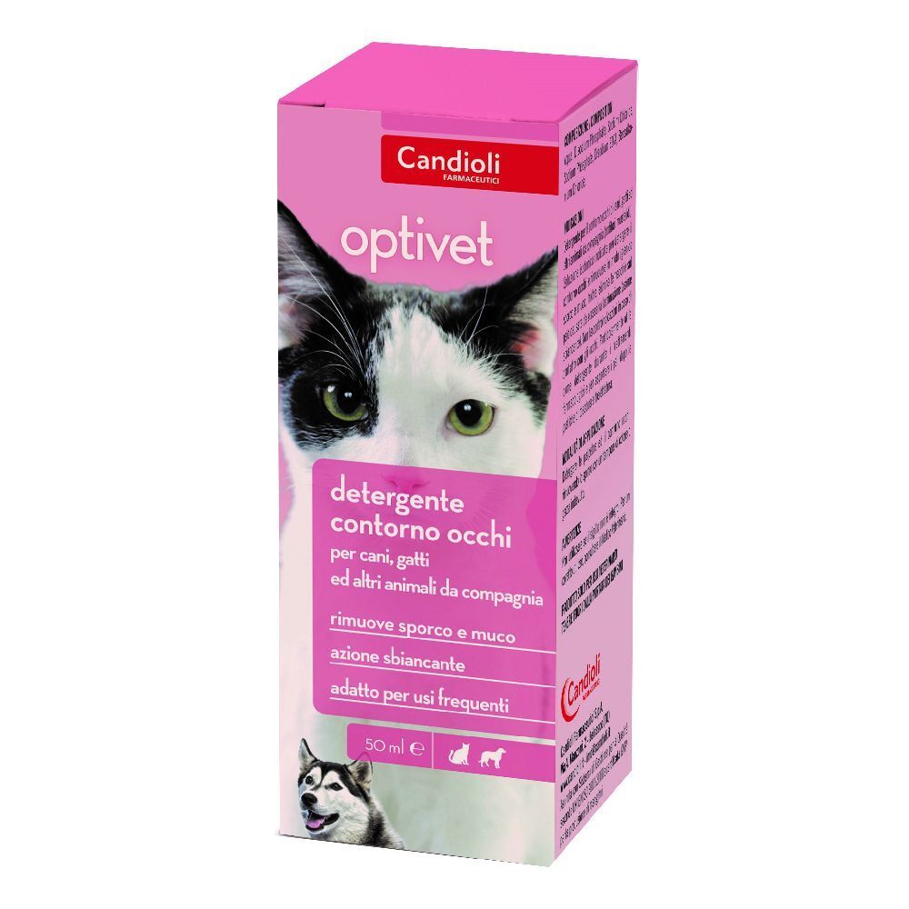 Confezione rosa con immagine del prodotto. Testo: optivet, Detergente contorno occhi. Per cani, gatti e altri animali. 50 ml.