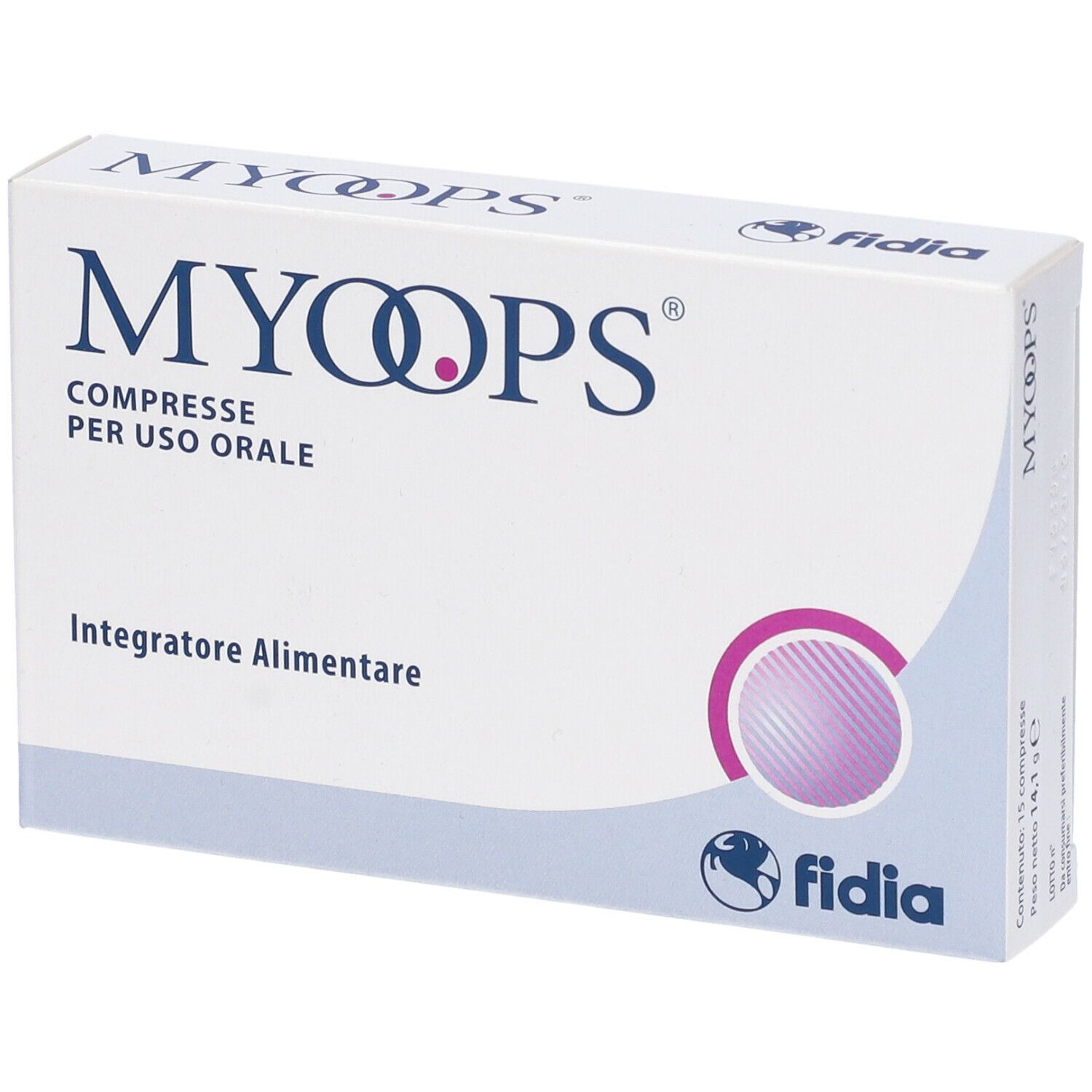 Scatola di compresse MYOOPS®. Confezione bianca con logo e testo. Logo Fidia in basso.