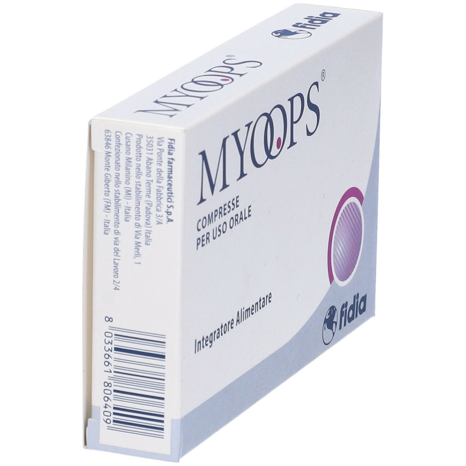 Scatola di compresse MYOOPS®, vista laterale. Confezione bianca con logo e testo. Codice a barre.