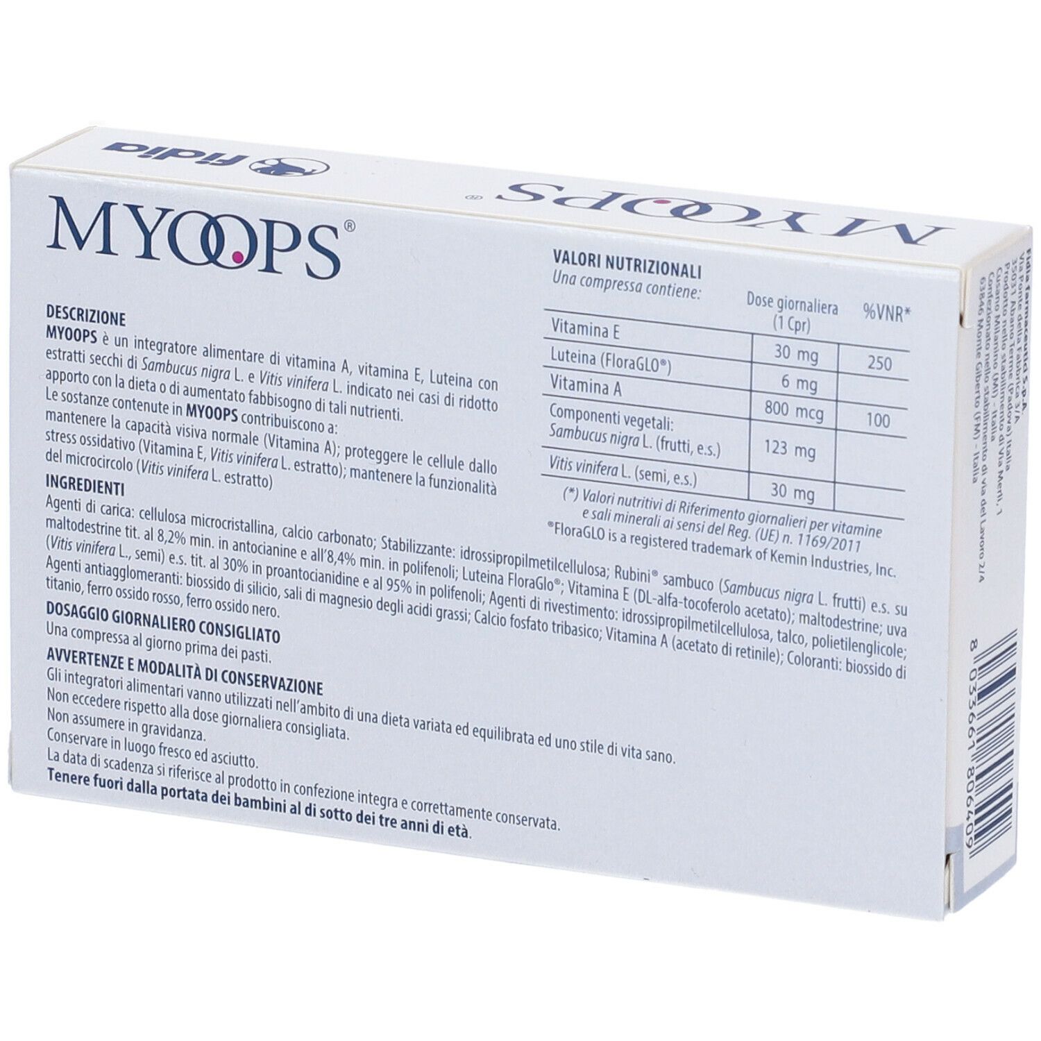 Retro della scatola di compresse MYOOPS®. Contiene informazioni sugli ingredienti e il valore nutrizionale.