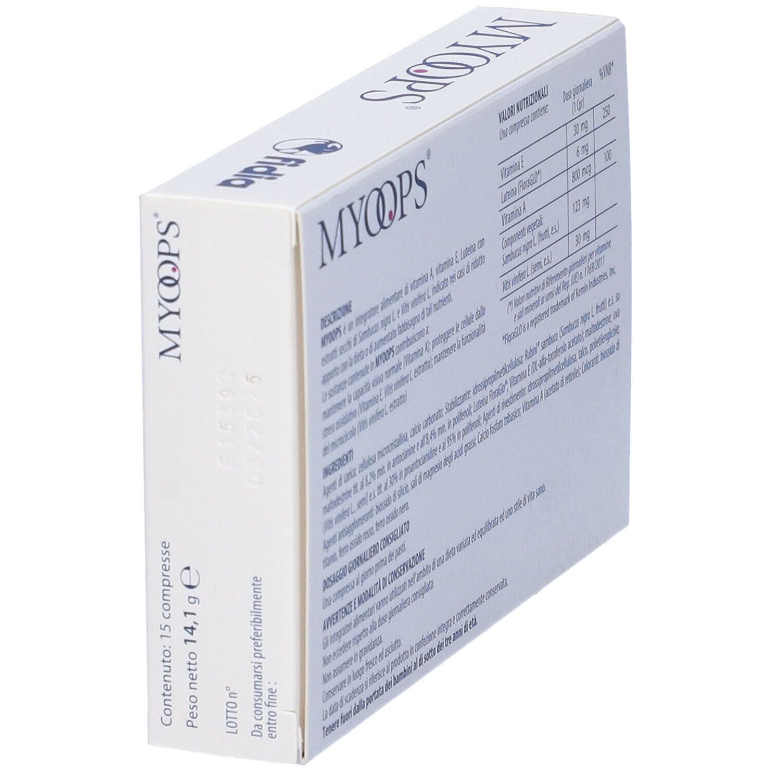 Vista laterale della scatola di compresse MYOOPS®. Contiene informazioni e ingredienti.