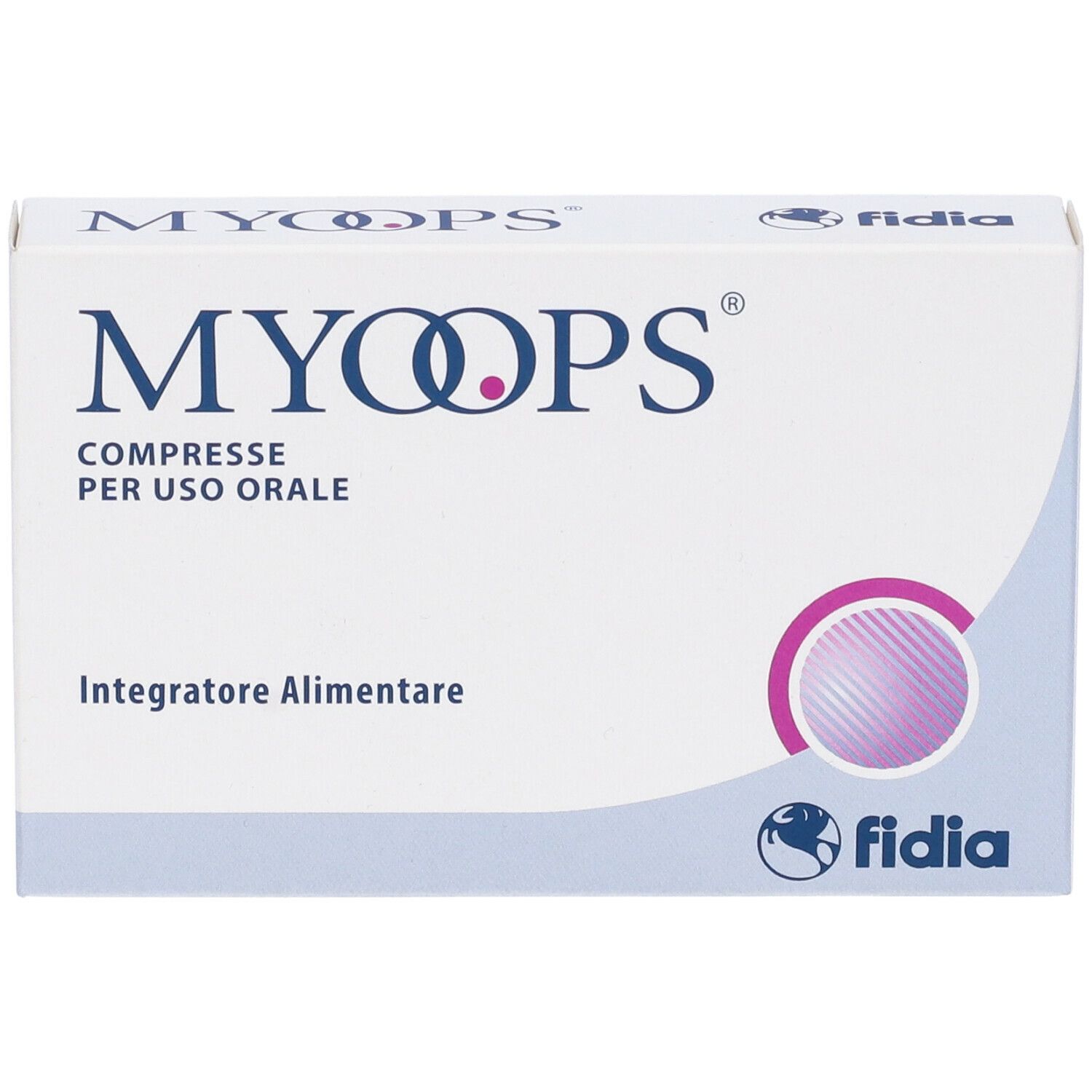Scatola di compresse MYOOPS®. Confezione bianca con logo e testo. Logo Fidia in basso.