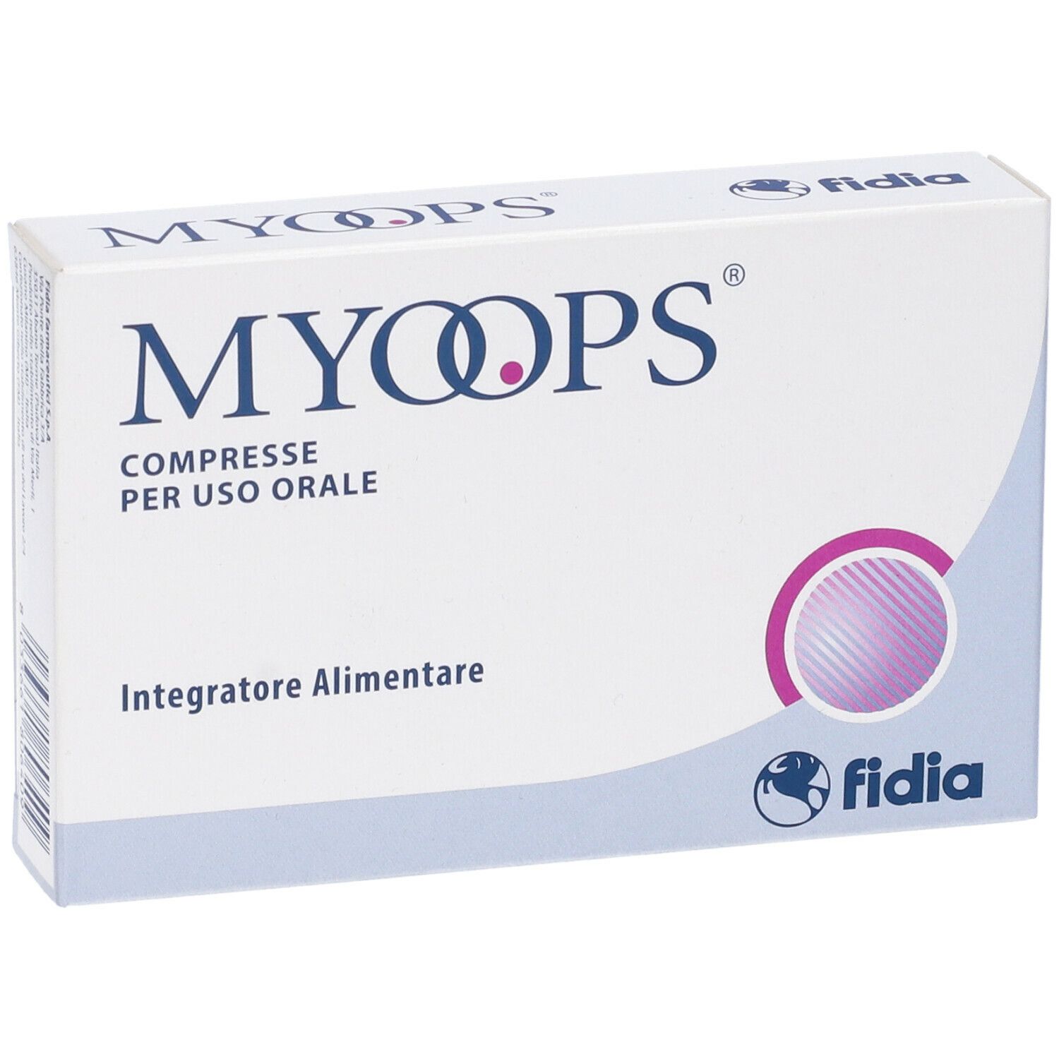 Scatola di compresse MYOOPS®. Confezione bianca con logo e testo. Logo Fidia in basso.